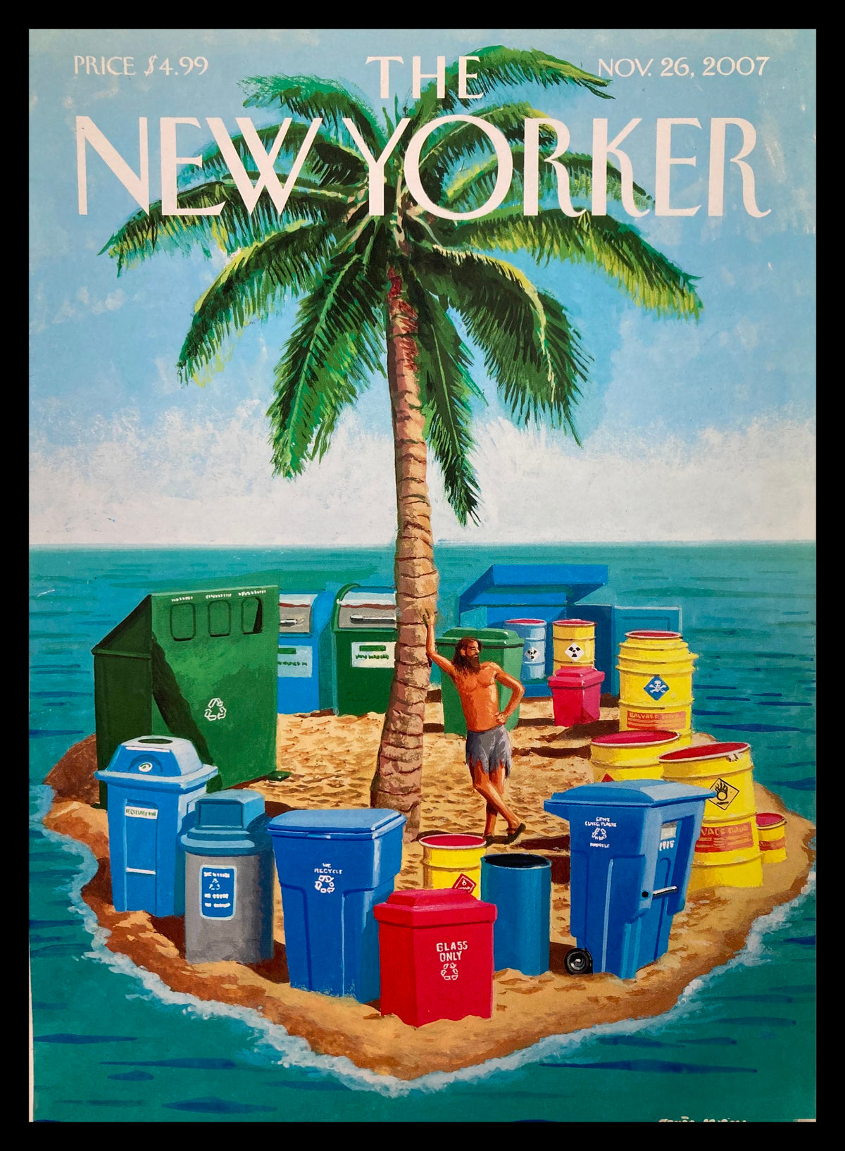 Cover of The New Yorker, November 26, 2007 titled 'A Clear Conscience' by McCall, featuring a woman beside colorful recycling bins on a tropical island.