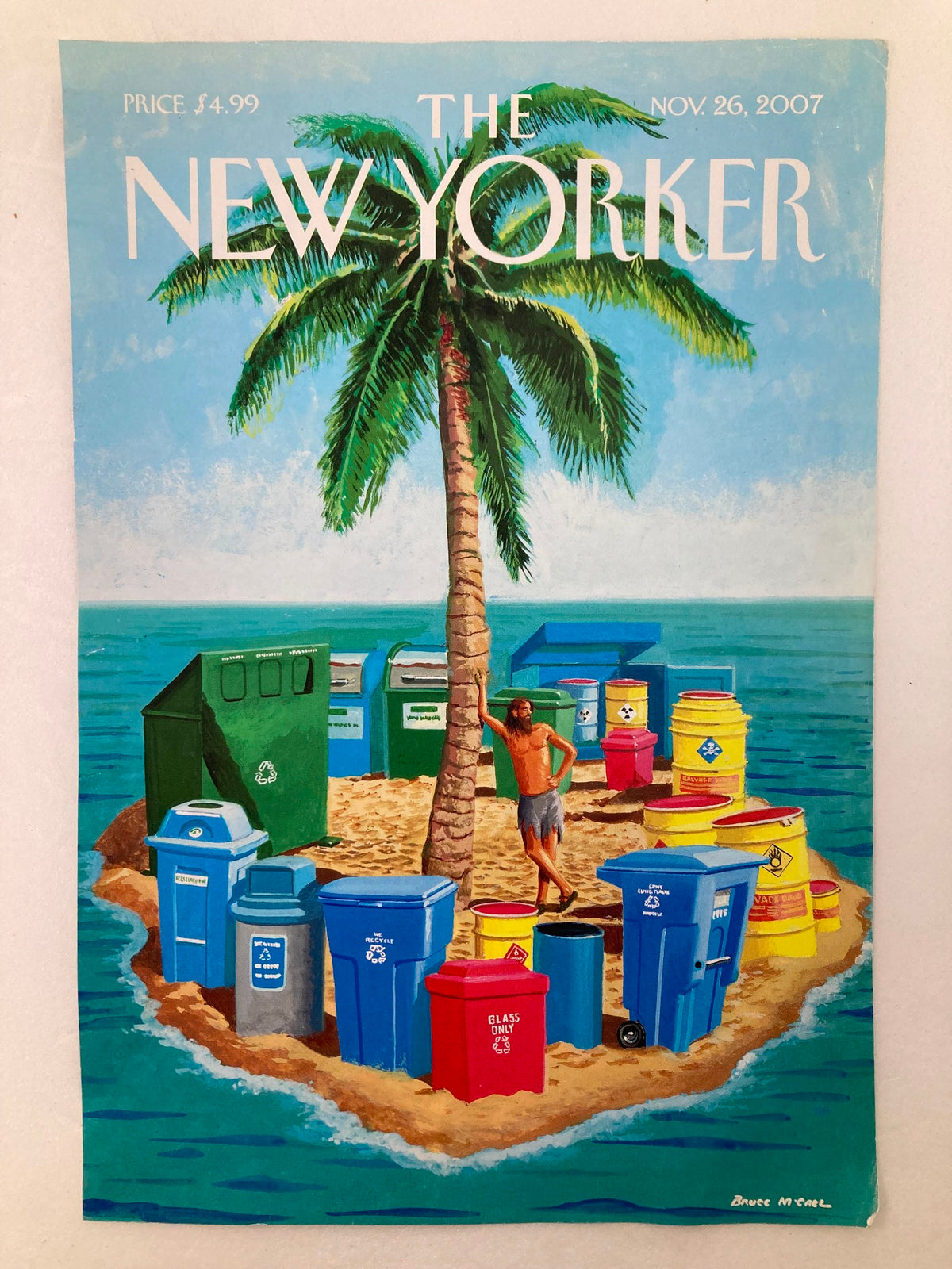 Cover of The New Yorker, November 26, 2007 titled 'A Clear Conscience' by McCall, showcasing a palm tree and various recycling bins on an island backdrop.