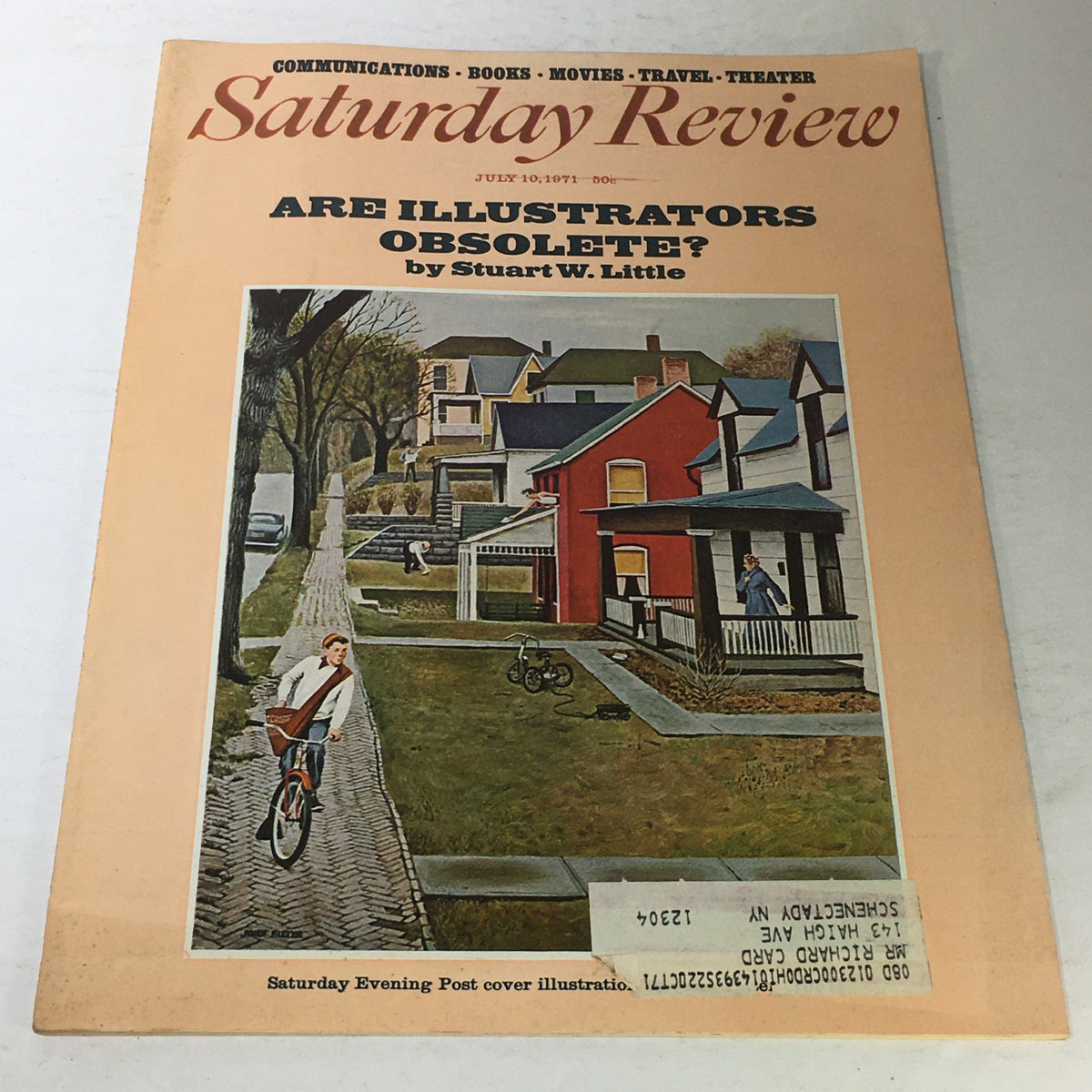 Vintage magazine cover of Saturday Review from July 10, 1971 featuring the article 'Are Illustrators Obsolete?' by Stuart W. Little, showcasing a street scene with a young cyclist and colorful houses.
