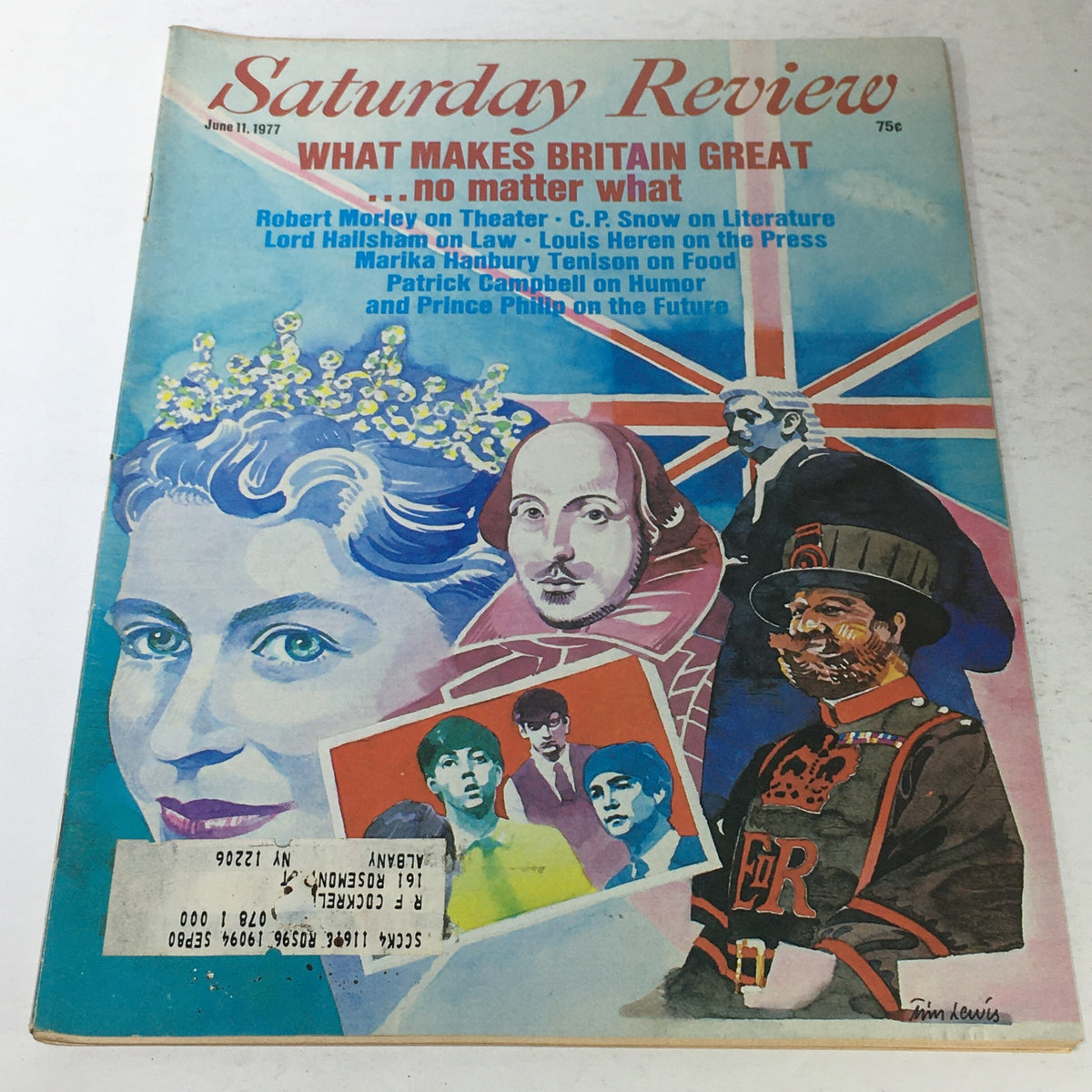 Cover of the VTG Saturday Review from June 11, 1977, featuring Robert Morley discussing theater and C.P. Snow, with colorful graphics including a depiction of Queen Elizabeth II and the British flag.
