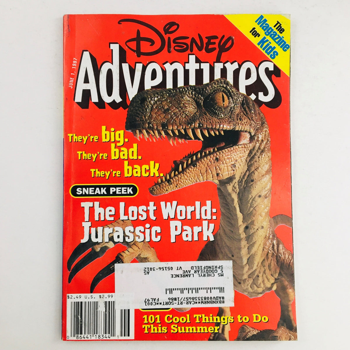 Cover of the Disney Adventures Magazine from June 1, 1997, featuring a sneak peek of The Lost World: Jurassic Park, showcasing a colorful design with a dinosaur illustration and text highlighting 'They're big. They're bad. They're back.'