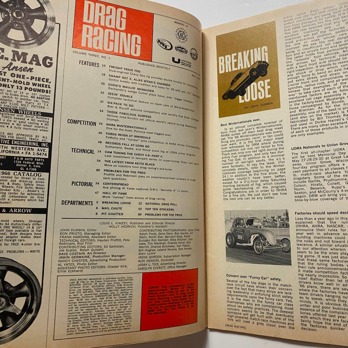 Inside page of VTG Drag Racing Magazine May 1966 displaying features and competition sections related to drag racing history and events.