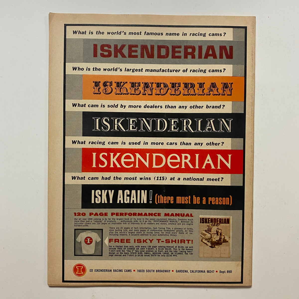 Advertisement page from VTG Drag Racing Magazine August 1969 showcasing Iskenderian racing cams and promotional offers.