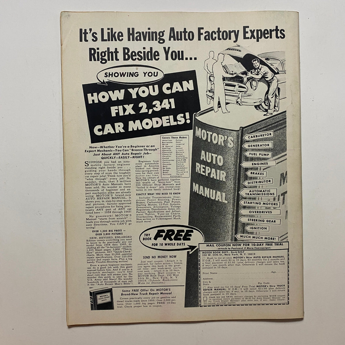 Vintage advertisement from Rodding & Re-Styling Magazine July 1965, showcasing automotive repair tips and referencing Motor's Auto Repair Manual, perfect for vintage automotive enthusiasts.