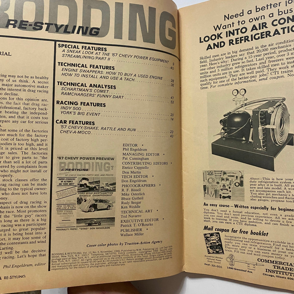 Inside pages of Rodding & Re-Styling Magazine November 1966 showing special features and technical analyses related to 1960s cars.