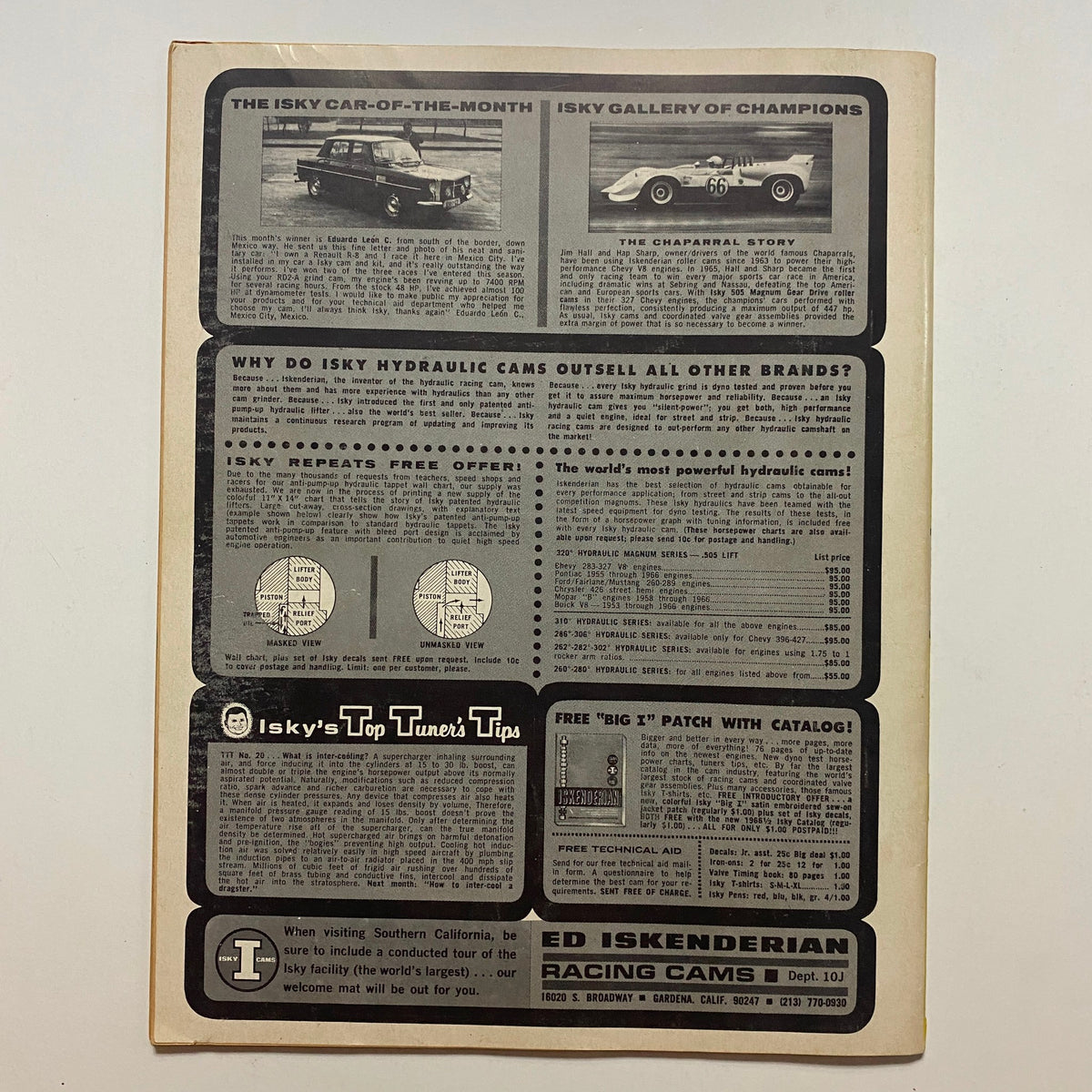 Back cover of Rodding & Re-Styling Magazine November 1966 displaying advertisements and automotive tips related to racing components and equipment.
