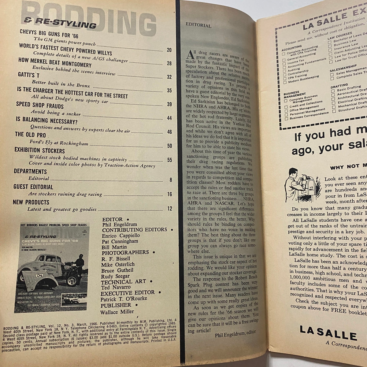 Inside spread of Rodding & Re-Styling Magazine March 1966 showing the table of contents and editorial section.