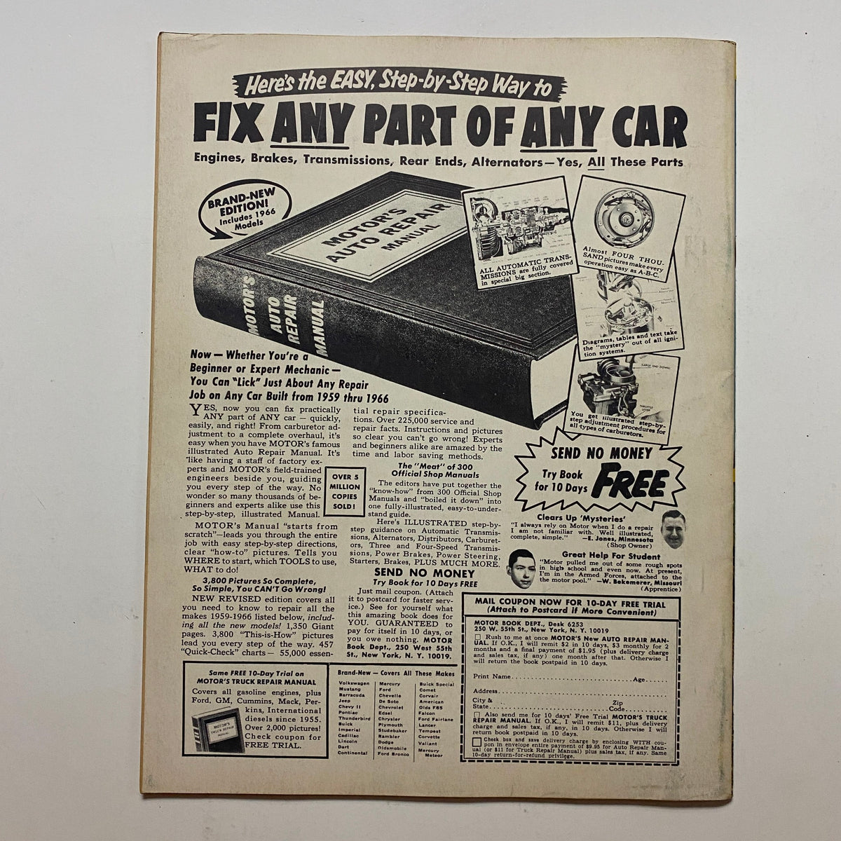 Rodding & Re-Styling Magazine March 1966, featuring an advertisement for Motor's Auto Repair Manual, showcasing vintage automotive repair tips and resources for car enthusiasts.