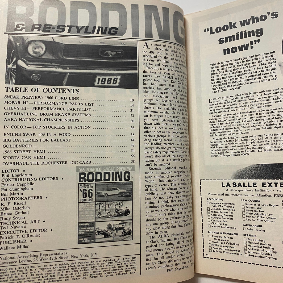 Inside page of Rodding & Re-Styling Magazine October 1965 showcasing engine swap topics, articles, and a table of contents related to automotive culture.