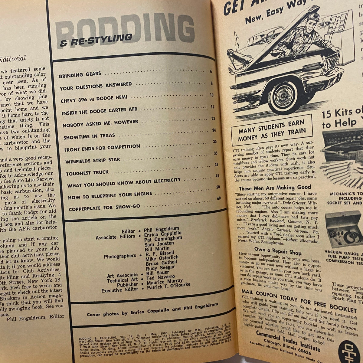 Rodding & Re-Styling Magazine May 1965 interior page showcasing the table of contents with topics related to automotive trends, features, and technical insights.