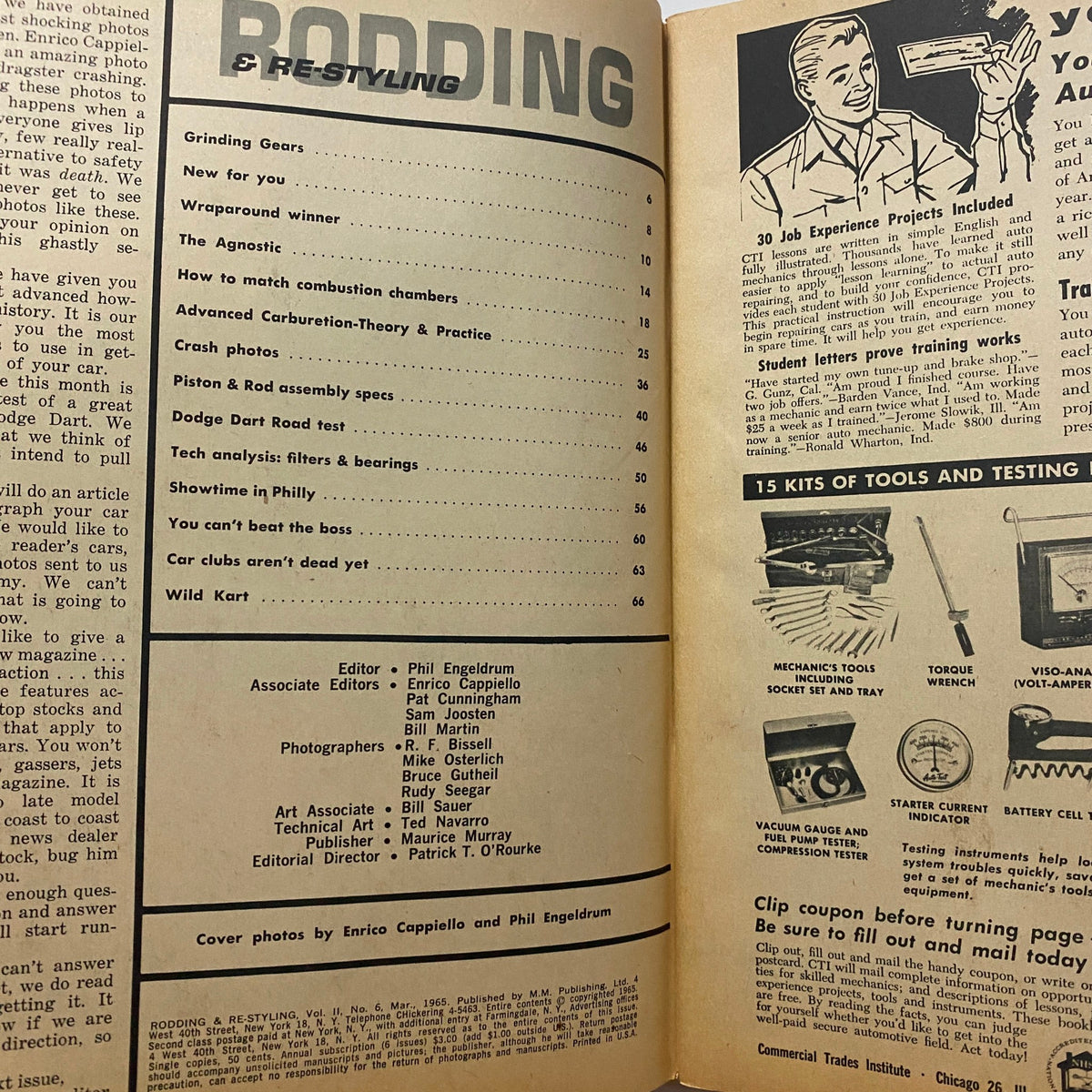 Interior page of Rodding & Re-Styling Magazine March 1965 featuring the table of contents, listing various automotive articles and editor credits.