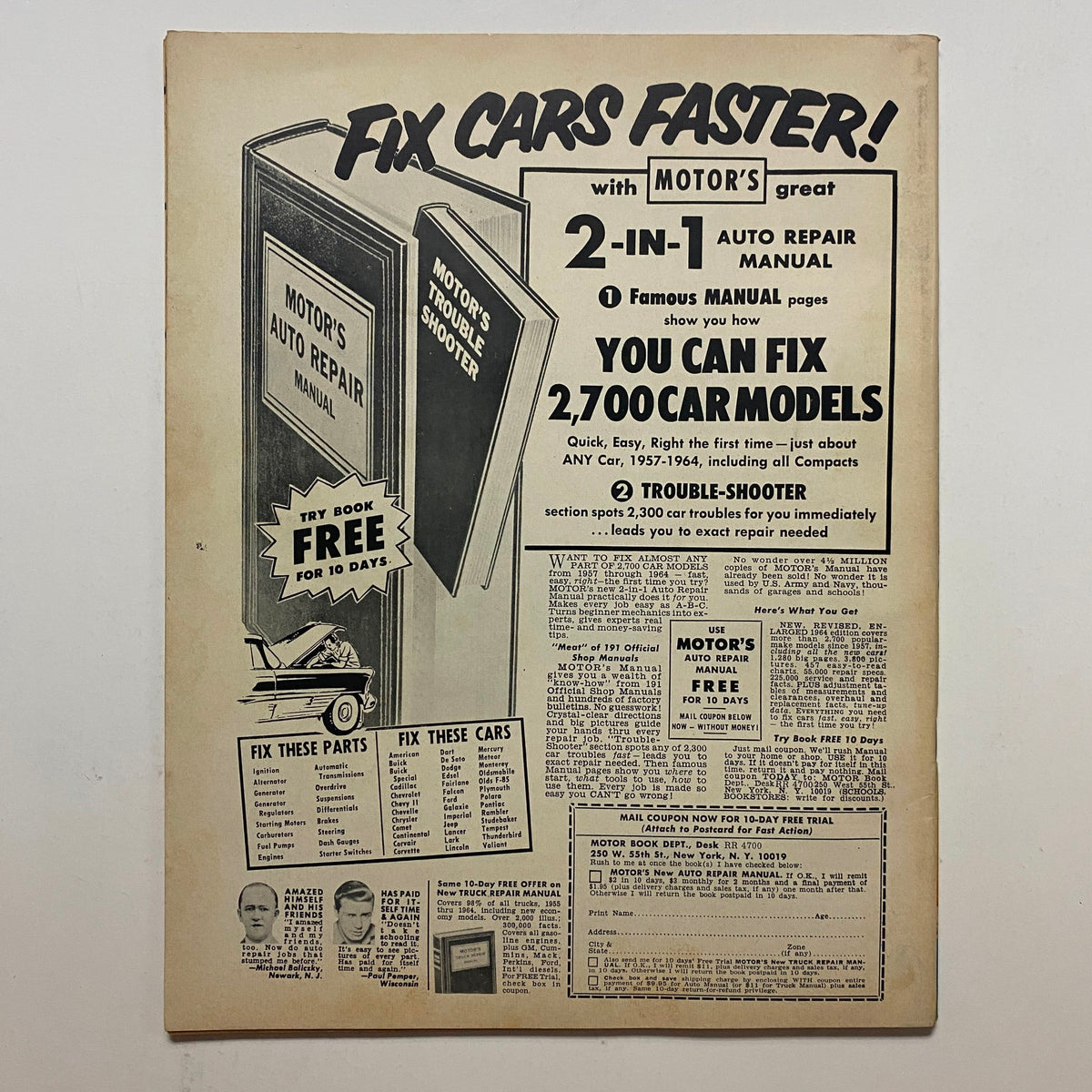 Back cover advertisement from Rodding & Re-Styling Magazine November 1964 promoting a '2-in-1 Auto Repair Manual' with features for fixing 2,700 car models.