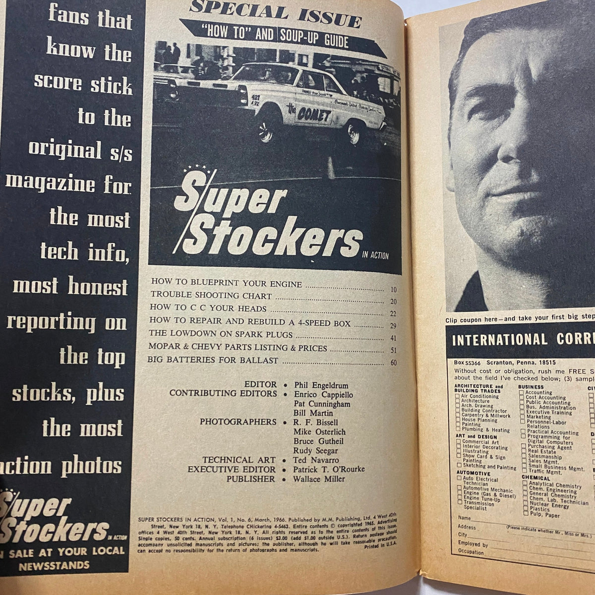 Inside page of Super Stockers in Action Magazine, March 1966, displaying the table of contents and highlighting articles on engine performance and spark plugs.