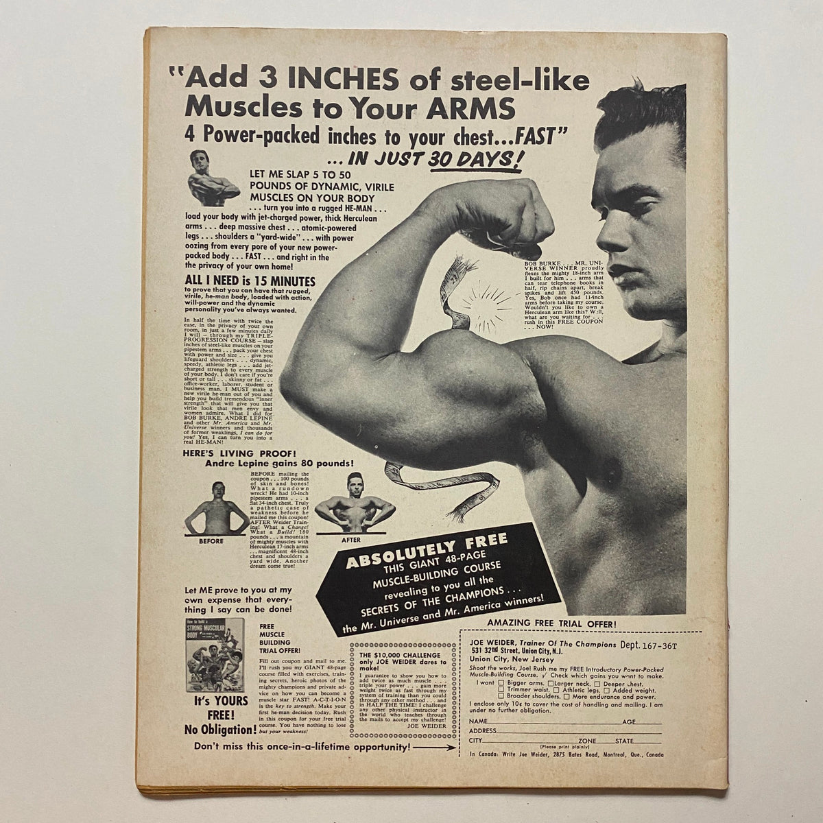 Back page of Super Stockers in Action Magazine, March 1966, featuring an advertisement for a muscle-building program with a before-and-after photo of a bodybuilder.