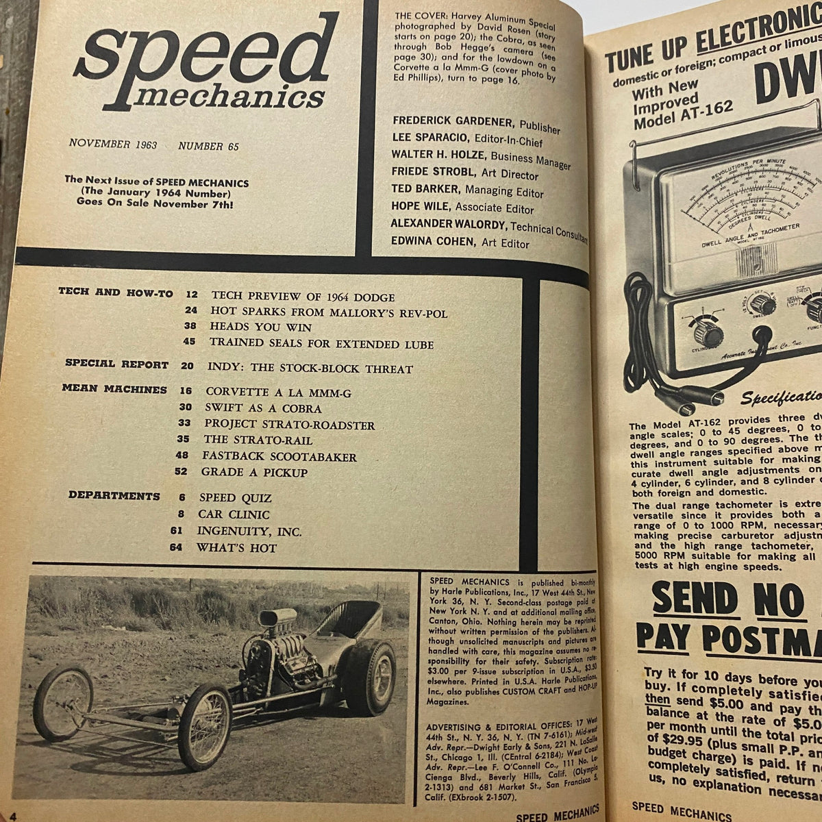 Inside page of VTG Speed Mechanics Magazine November 1963 detailing articles on automotive technology, featuring a drag racing car and magazine publication information.