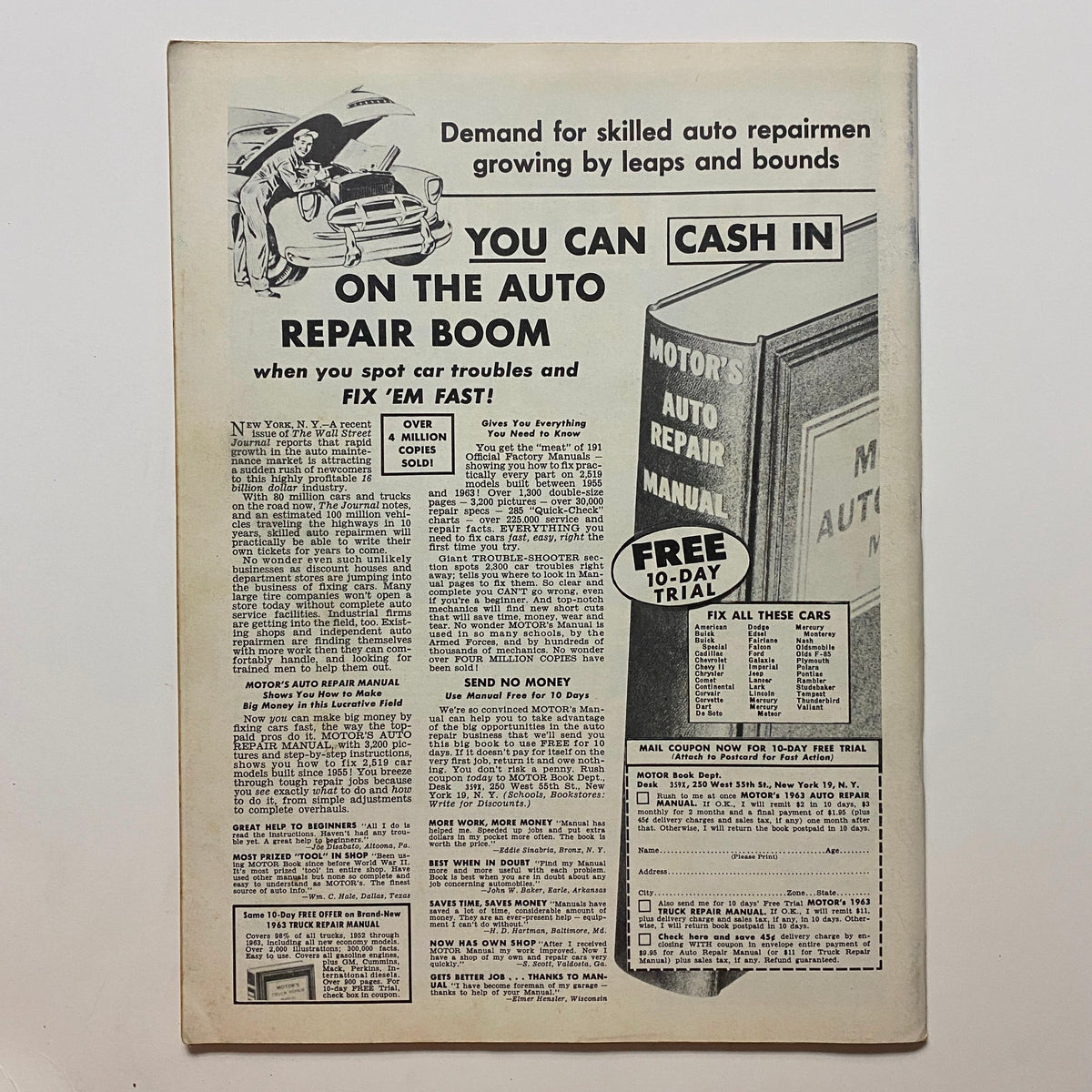 Back cover of VTG Speed Mechanics Magazine November 1963 with an advertisement promoting skills for auto repair and a free trial offer for an auto repair manual.