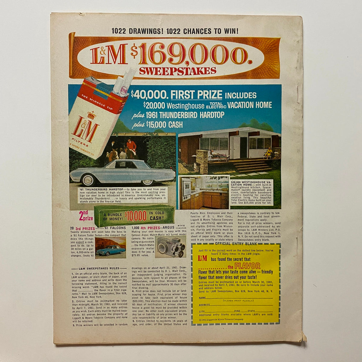Promotional page from VTG Motor Life Magazine April 1961 featuring an advertisement for the L&M $169,000 Sweepstakes with prizes including a 1961 Thunderbird Hardtop.