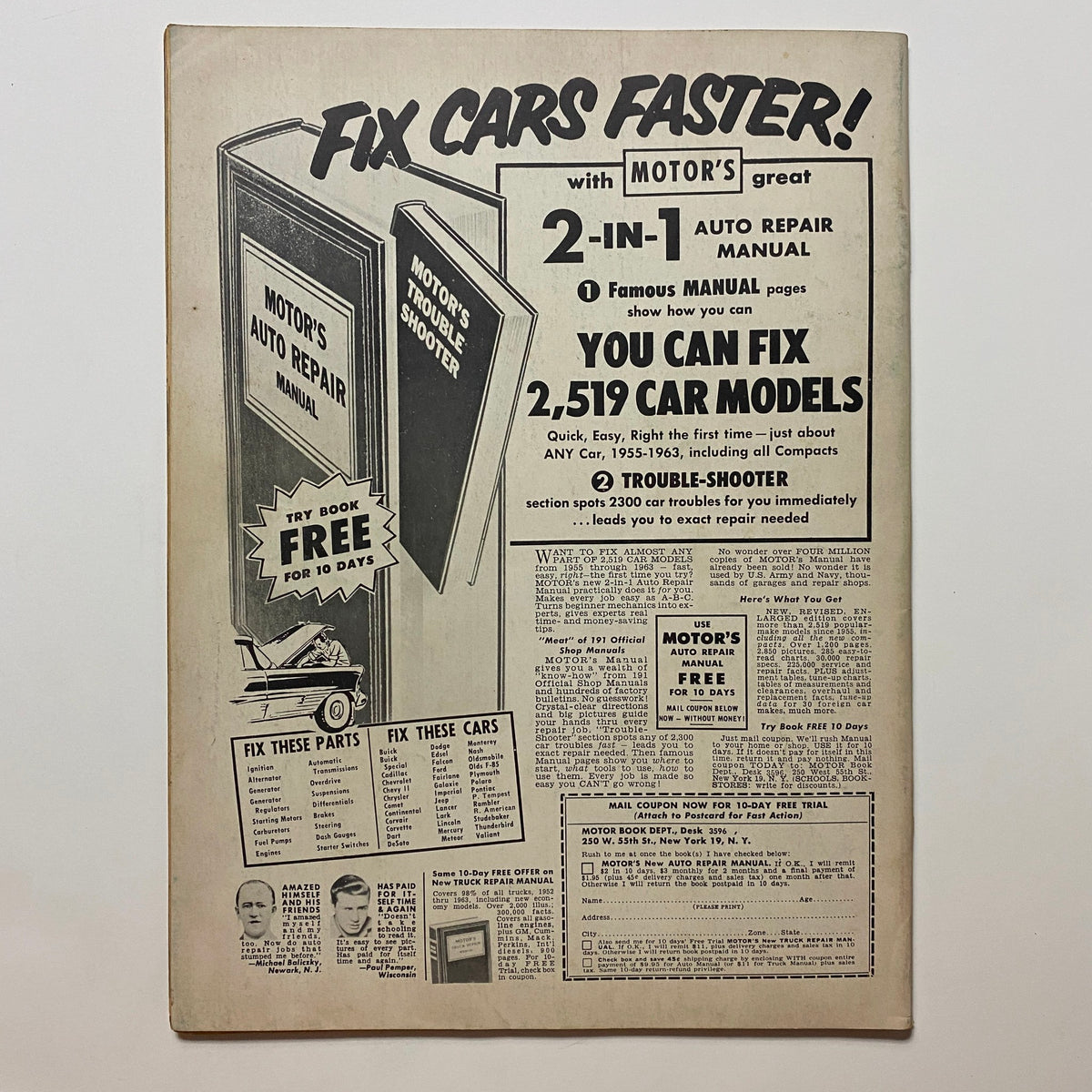Back cover of VTG Speed Mechanics Magazine June 1963 promoting Motor's Auto Repair Manual, emphasizing the ability to fix 2,519 car models with the troubleshooting guide.