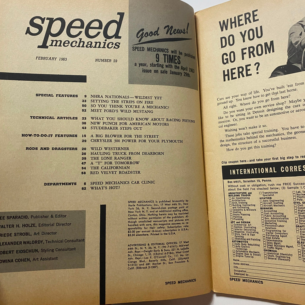 Interior pages of VTG Speed Mechanics Magazine February 1963, highlighting articles on racing pistons and automotive features, emphasizing vintage car enthusiasts.