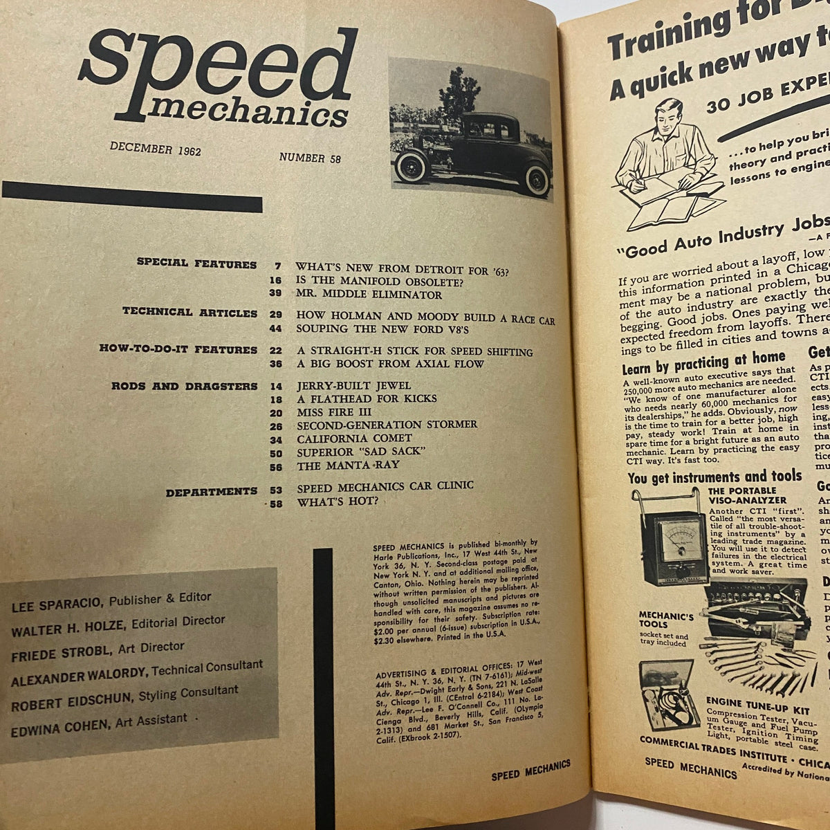 VTG Speed Mechanics Magazine December 1962 interior page featuring articles on automotive topics, including 'Souping The New Ford V8's' and other car modifications.