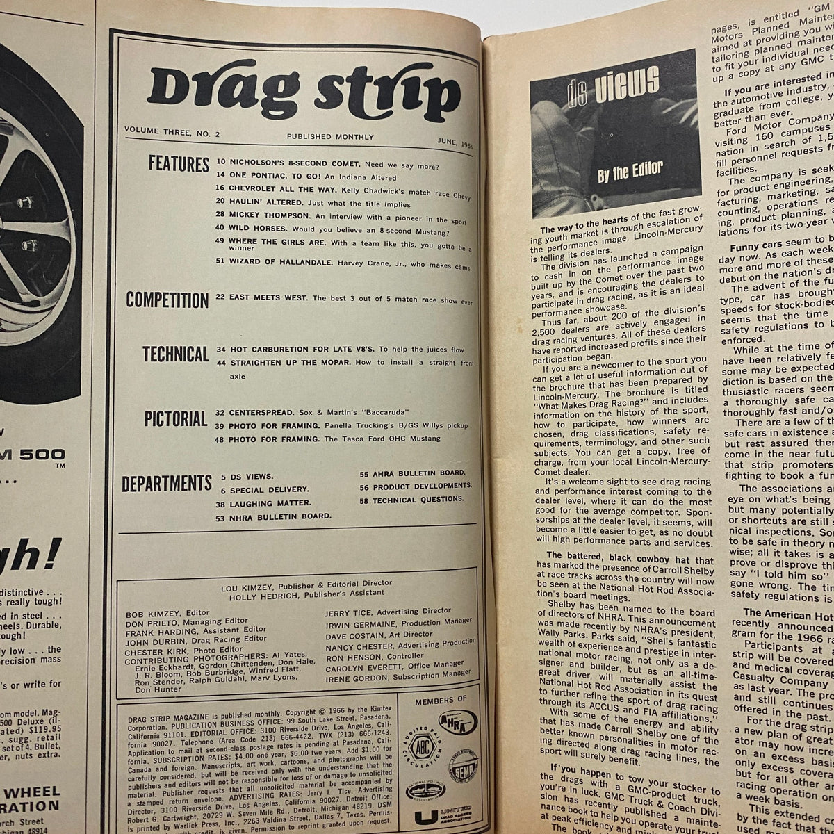 Interior page of VTG Drag Strip Magazine June 1966 displaying contents including articles on drag racing, features, and technical details.