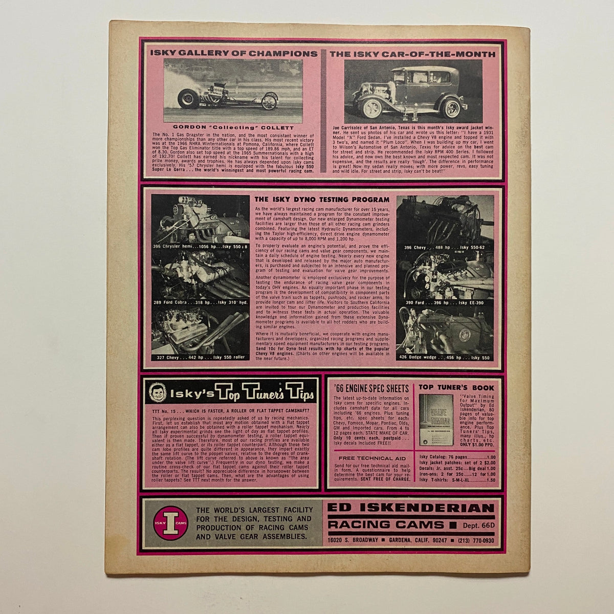 Back cover of VTG Drag Strip Magazine June 1966 advertising Isky racing cams and various auto racing features, emphasizing vintage automotive culture.