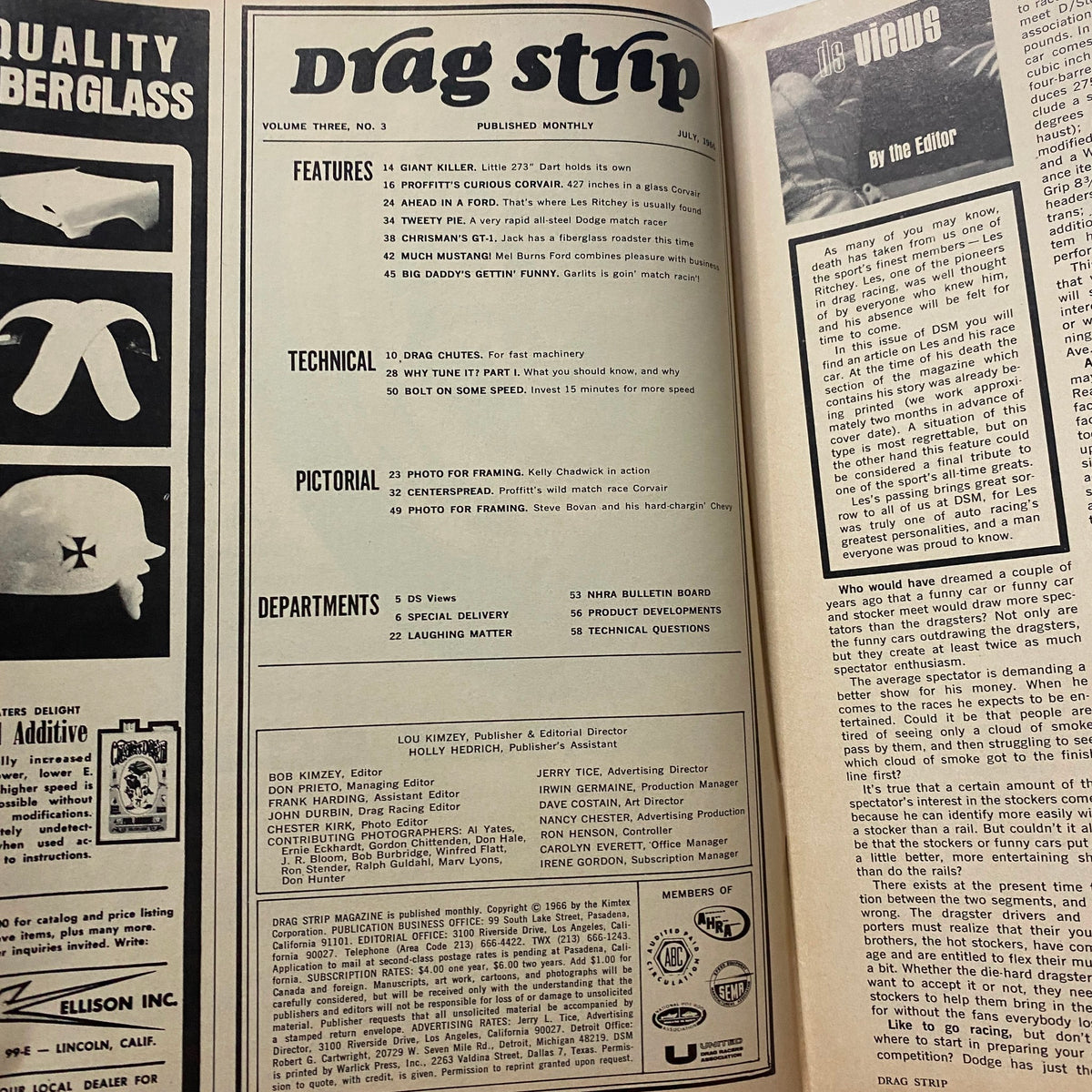 Inside pages of VTG Drag Strip Magazine July 1966, highlighting features and articles including Hayden Proffitt's curious Corvair.