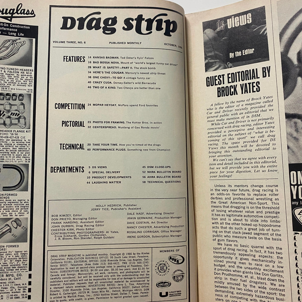 Inside page of VTG Drag Strip Magazine October 1966 displaying the table of contents and highlighted features of the issue including Bad Bossa Nova.