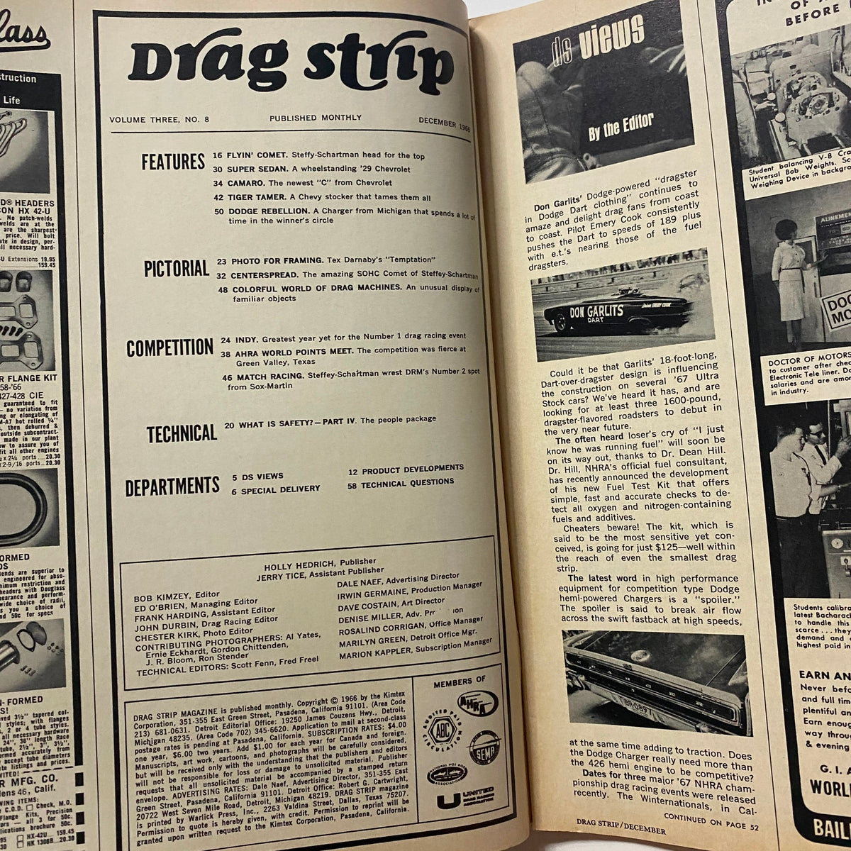 Interior page of the December 1966 Drag Strip Magazine, highlighting features, competitions, and technical articles related to the AHRA World Points Finale.
