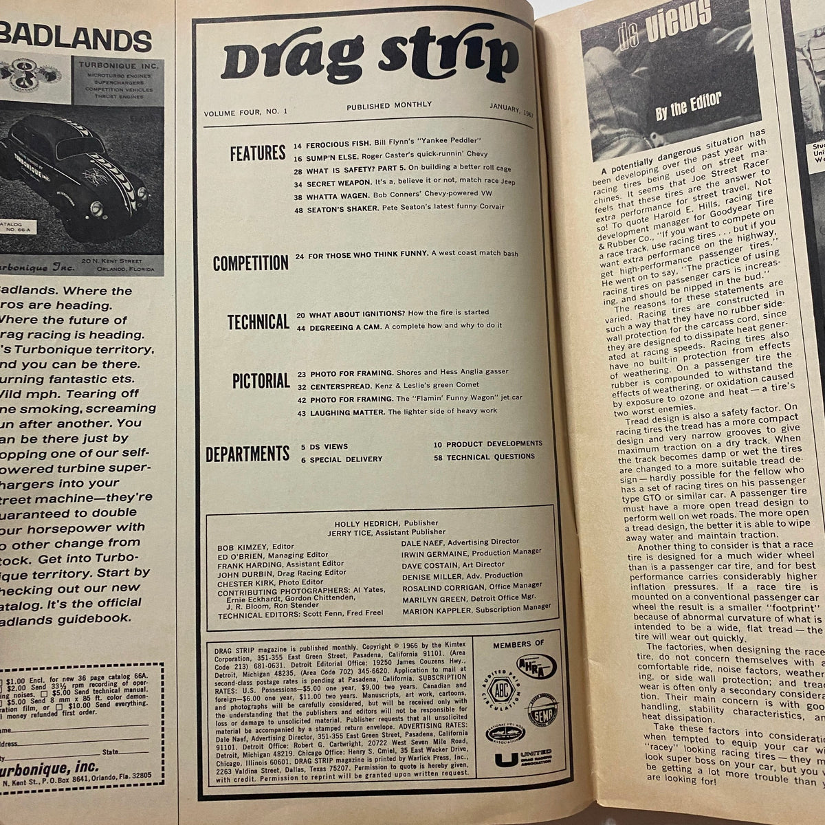 Inside page of VTG Drag Strip Magazine January 1967 displaying the table of contents, detailing features including Bill Flynn's Yankee Peddler and various drag racing topics.