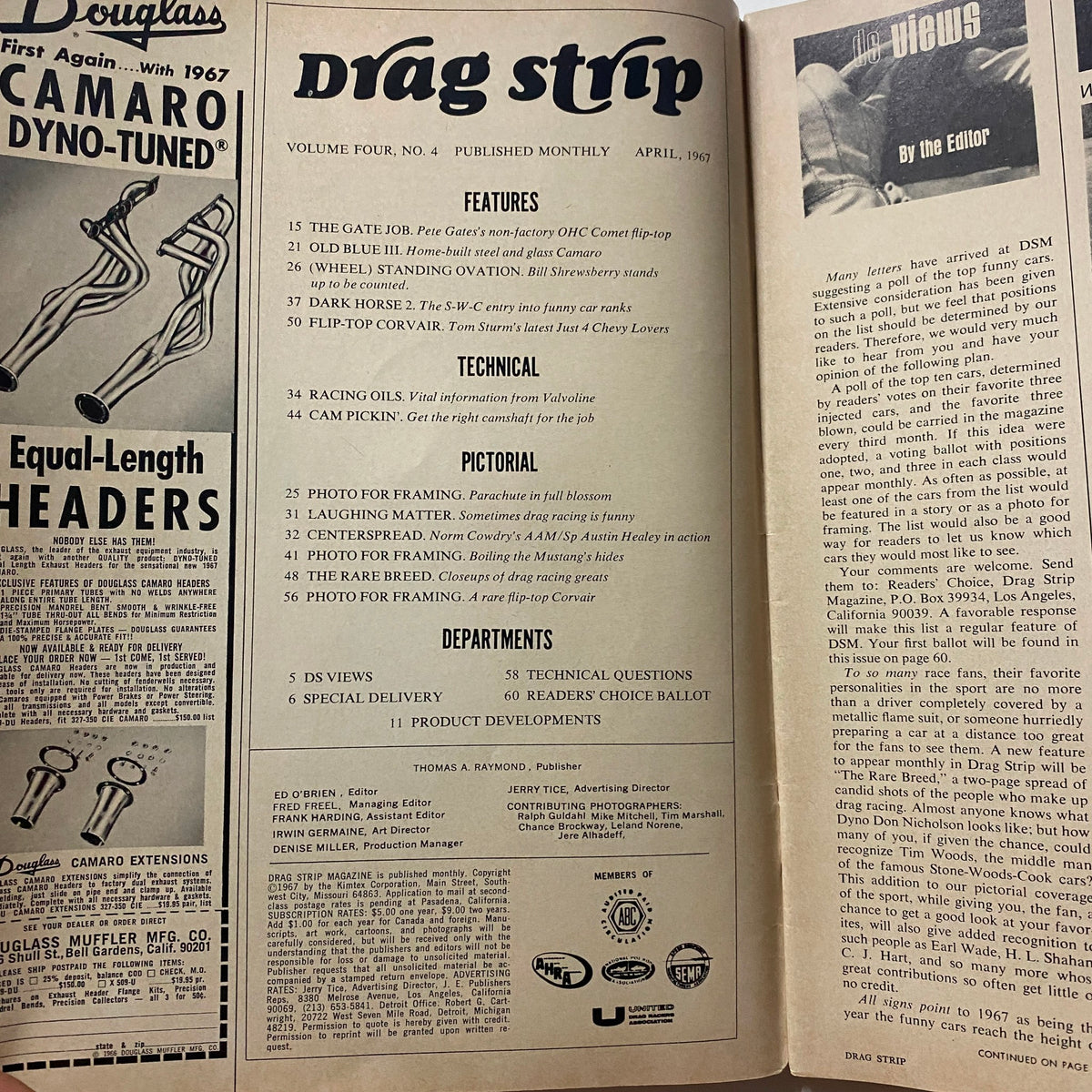 Inside view of VTG Drag Strip Magazine April 1967 showcasing features including technical details, pictorial information, and racing articles.
