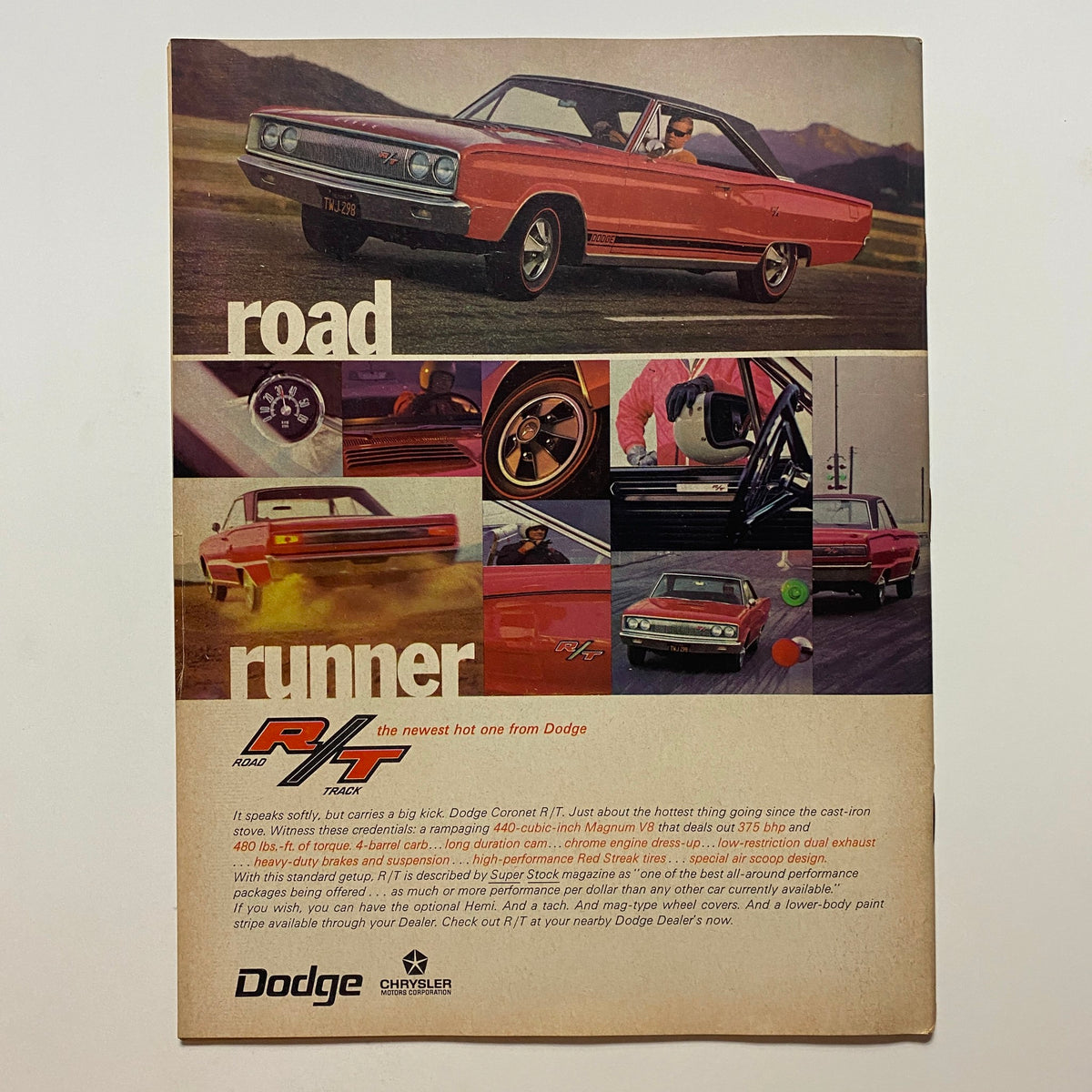 Promotional page showcasing the Dodge Coronet R/T in the VTG Drag Strip Magazine April 1967, highlighting the vehicle's features and performance.