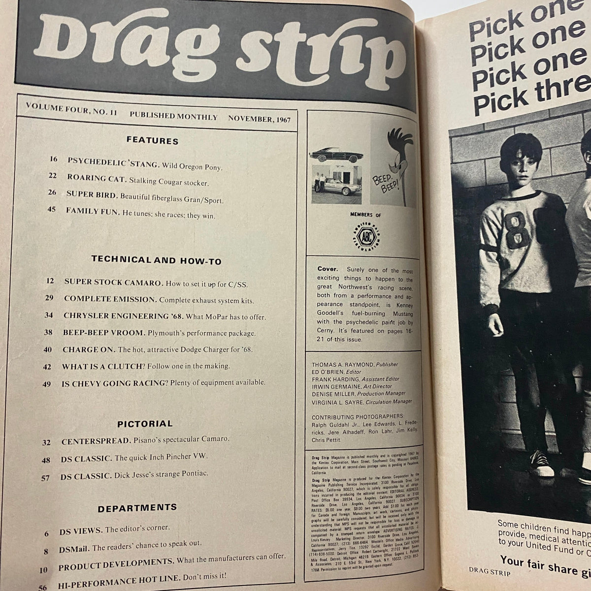 Inside page of VTG Drag Strip Magazine November 1967 displaying features and articles related to drag racing techniques, memorabilia, and car specifications.