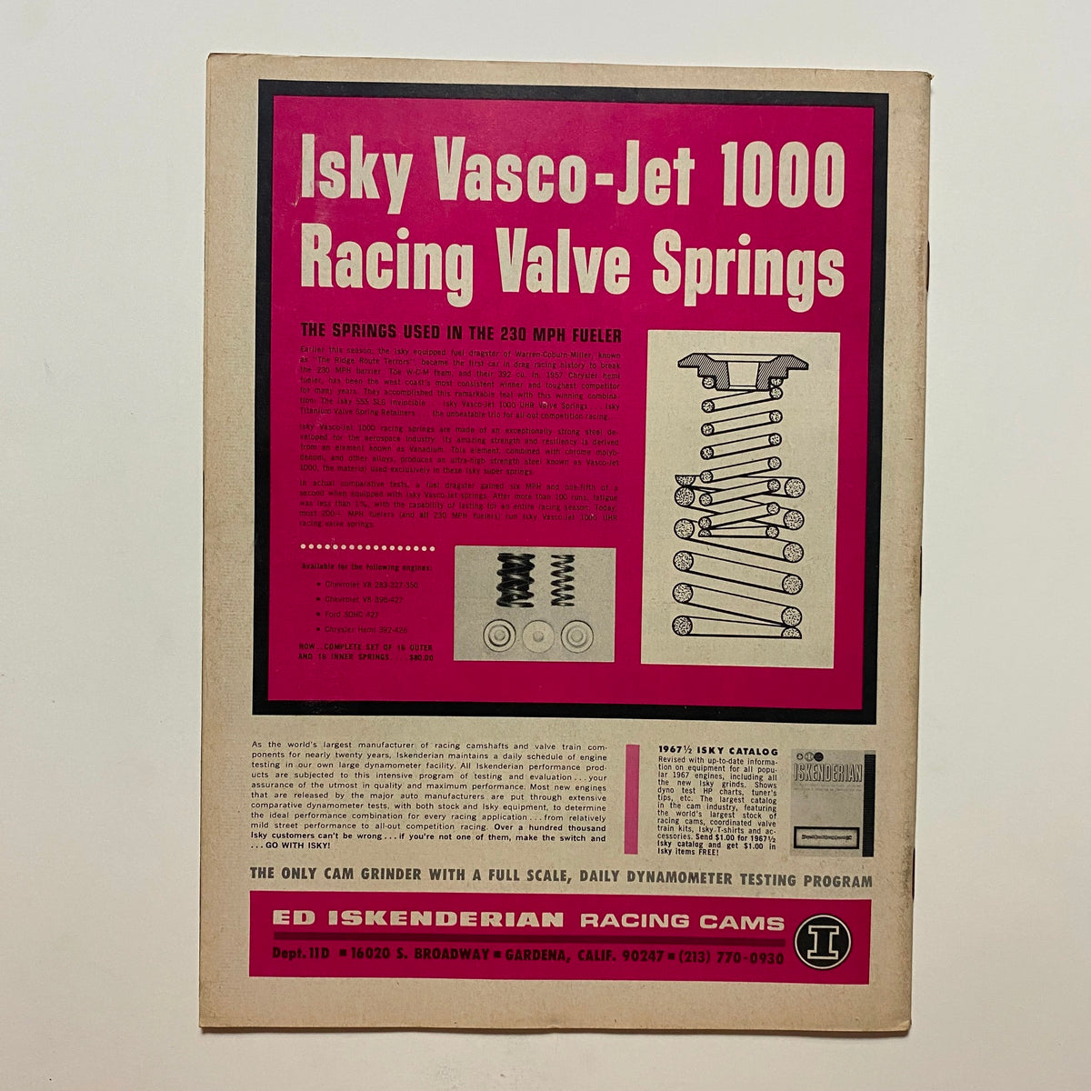 Back cover of VTG Drag Strip Magazine November 1967 highlighting Isky Vasco-Jet 1000 Racing Valve Springs advertisement, showcasing racing performance accessories.