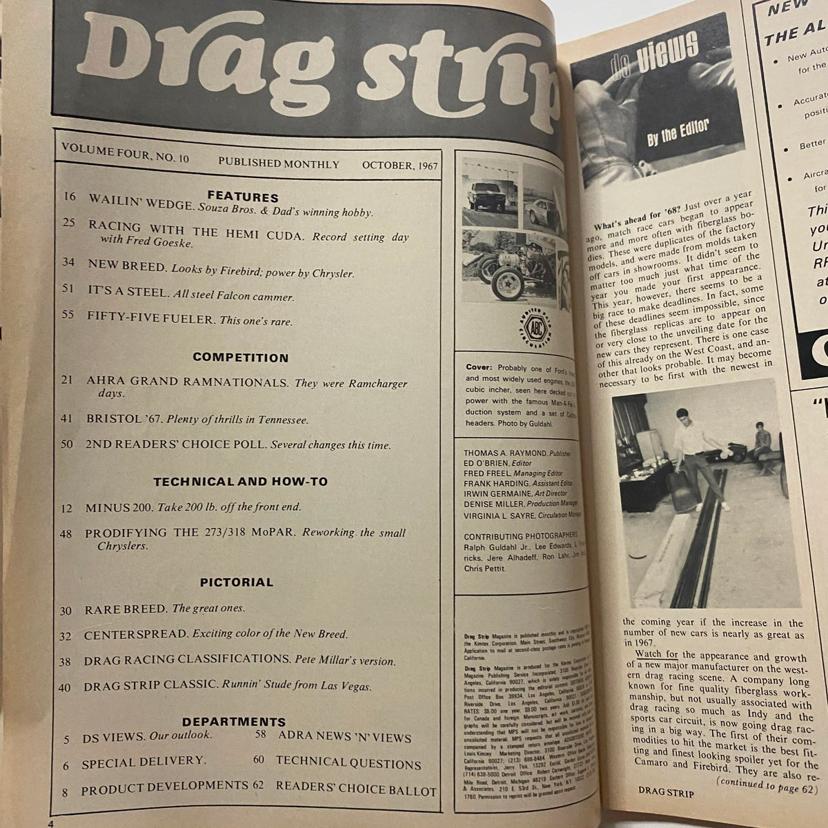Inside page of VTG Drag Strip Magazine October 1967 displaying the table of contents and feature articles related to drag racing.