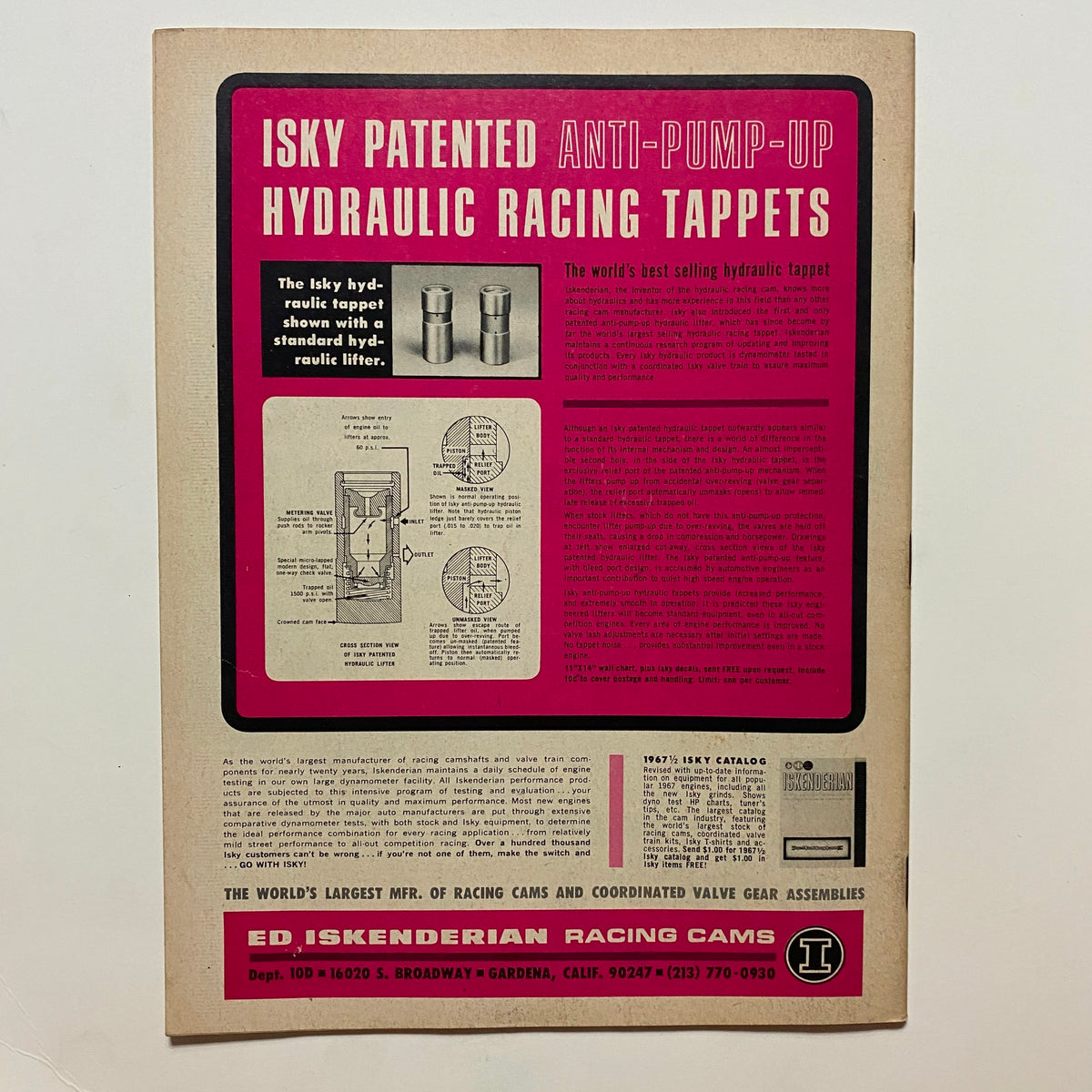 Back cover of VTG Drag Strip Magazine October 1967 showcasing an advertisement for Isky Patented Anti-Pump-Up Hydraulic Racing Tappets.