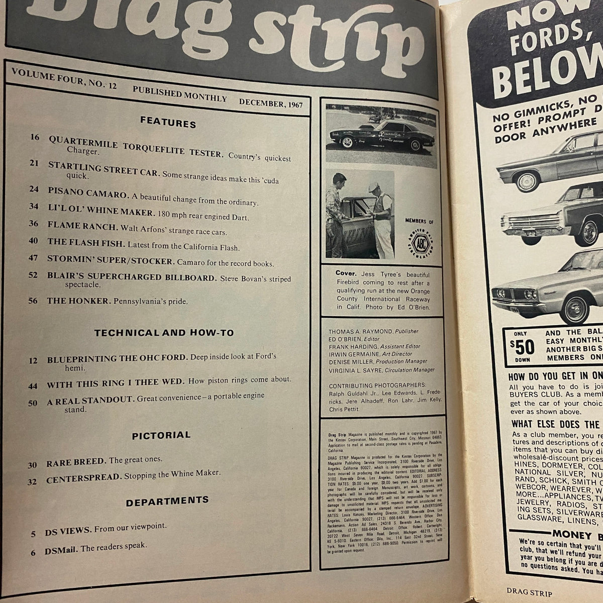 Interior page of December 1967 Drag Strip Magazine highlighting key features including 'Blueprinting the Ford Cammer', catering to fans of classic drag racing and automotive history.