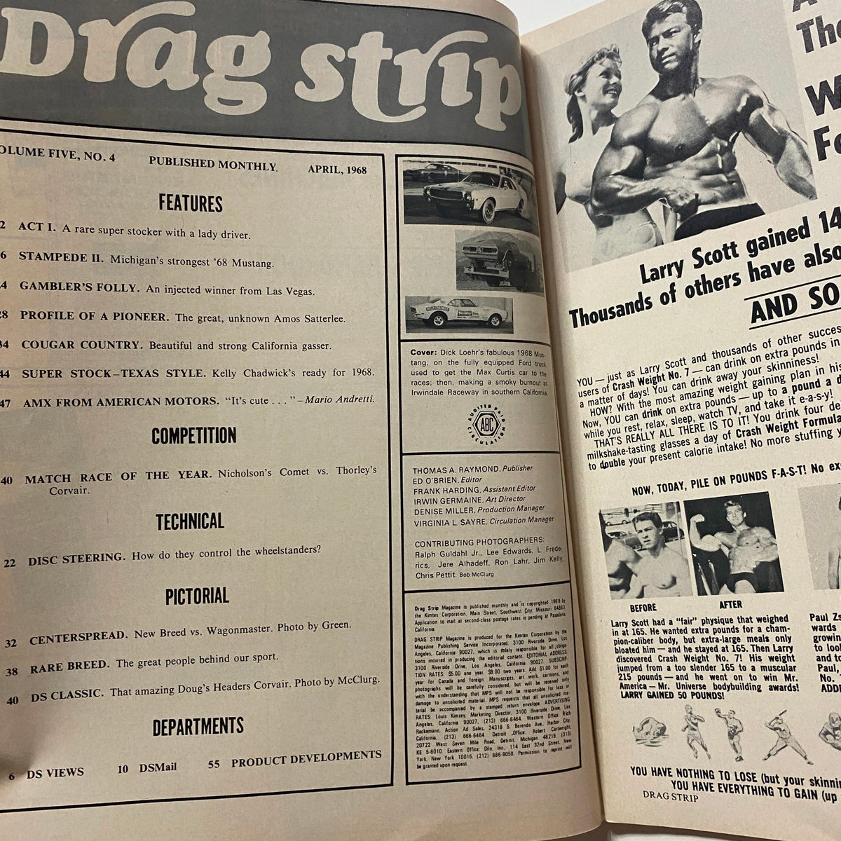 Interior page of VTG Drag Strip Magazine April 1968, displaying features, competition details, and technical aspects related to the match race Nicholson vs Thorley.