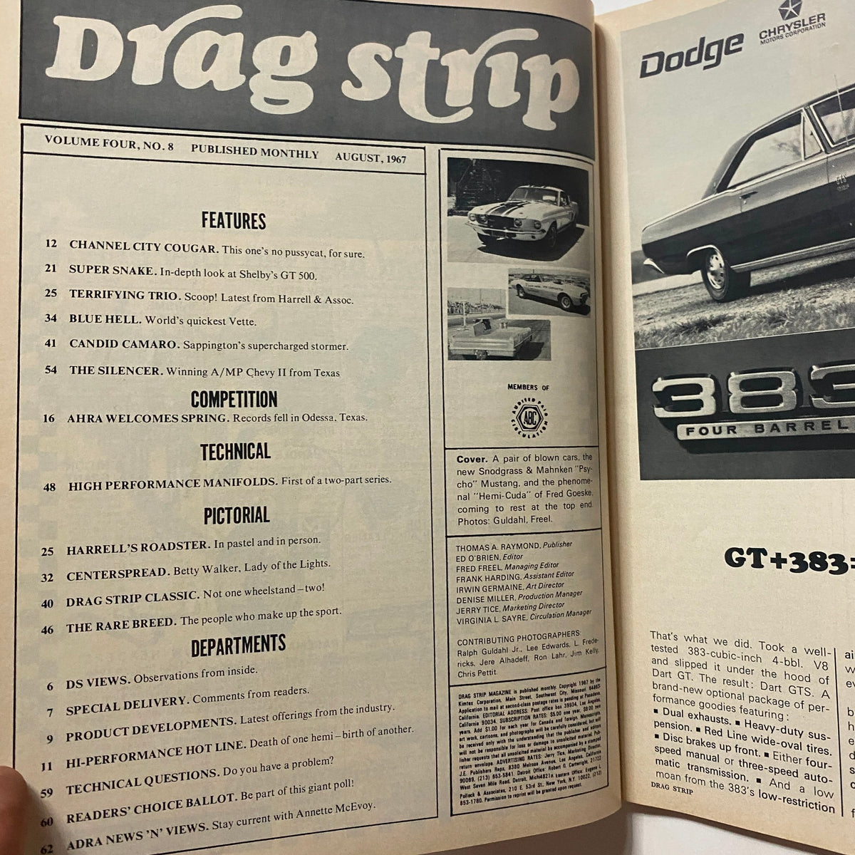 Inside view of VTG Drag Strip Magazine August 1967 featuring Sappington's Candid Camaro, showcasing articles and advertisements related to 1960s drag racing.