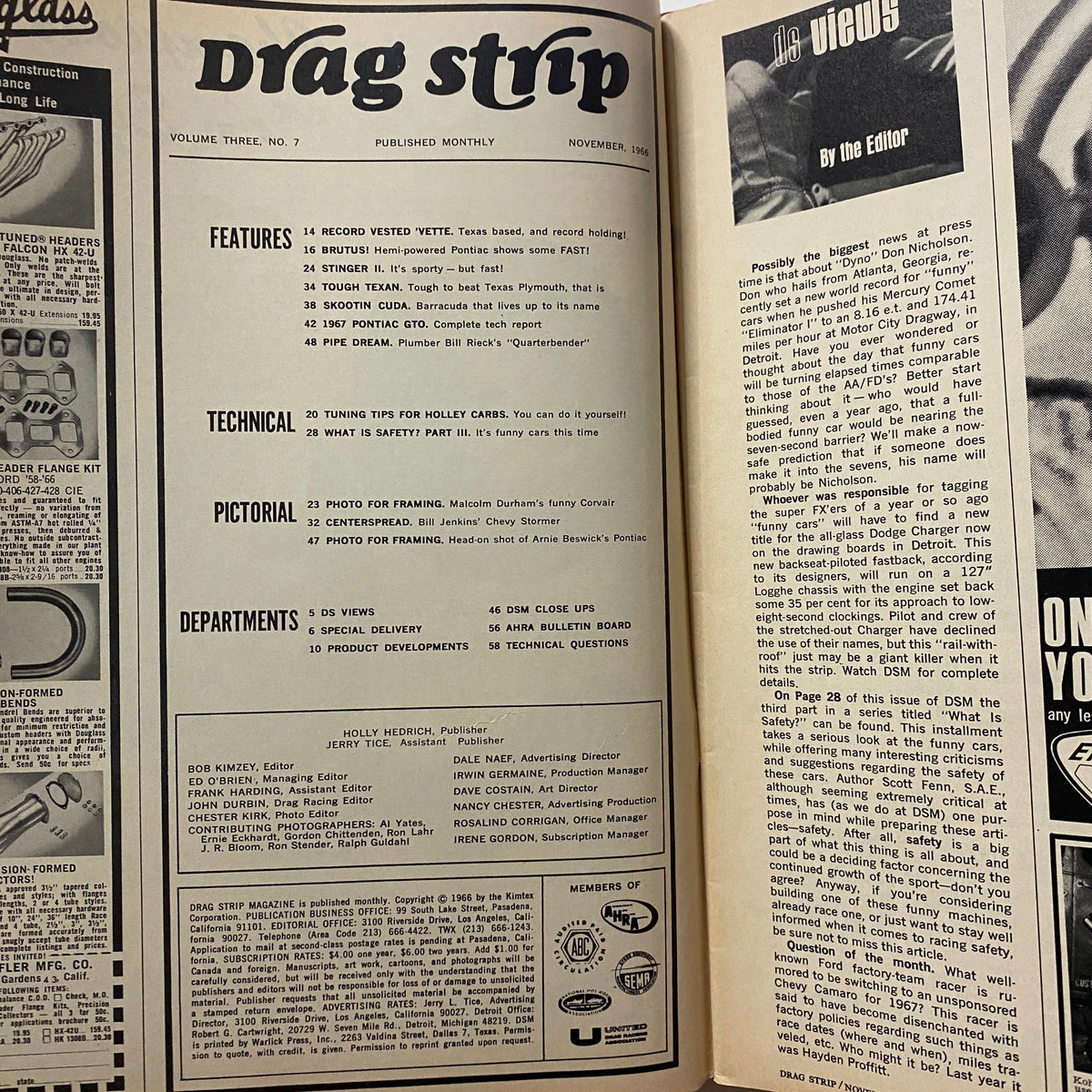 Interior page of VTG Drag Strip Magazine November 1966 displaying articles and features, highlighting technical tips and a pictorial section related to drag racing.