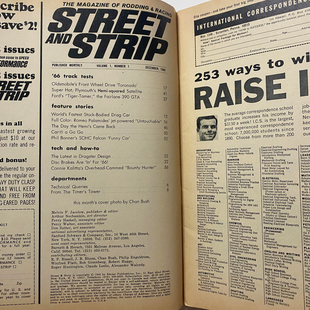 Inside page of VTG Street & Strip Magazine December 1965 displaying the table of contents, highlighting feature stories and technical tips for car enthusiasts.
