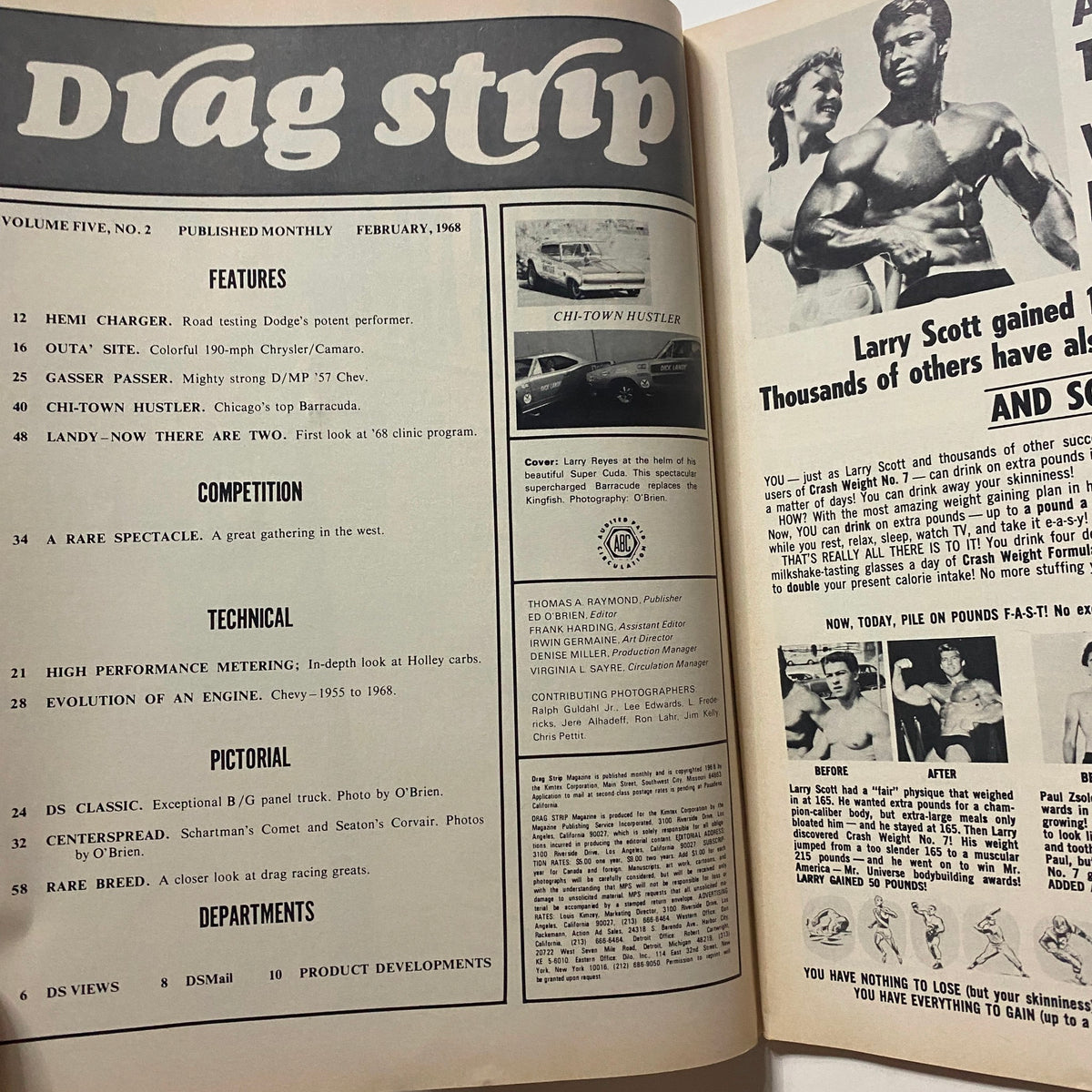 Interior page of VTG Drag Strip Magazine February 1968 highlighting various features including HEMI Charger, Chi-Town Hustler, and articles focused on drag racing competition and technical aspects.