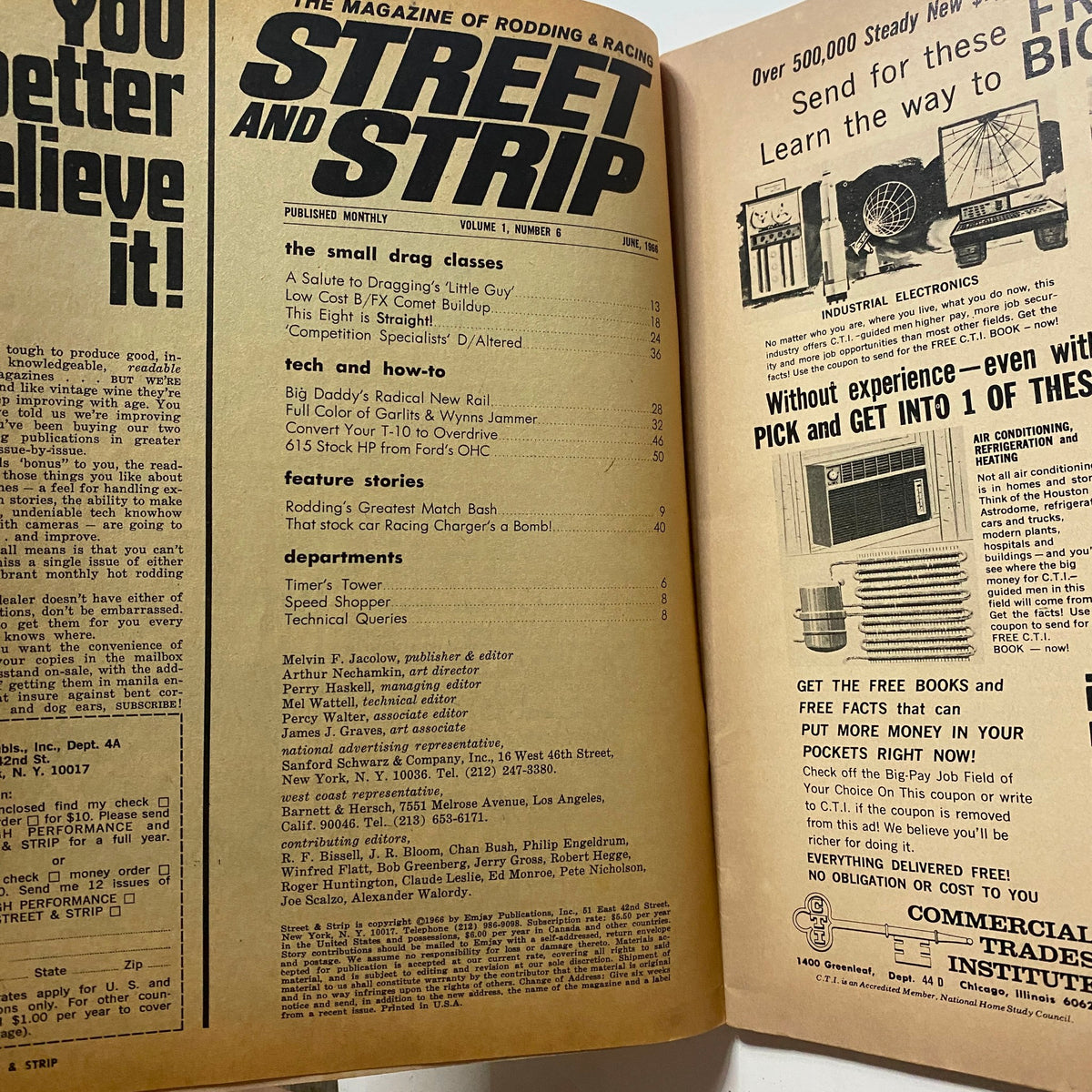 Inside page of VTG Street & Strip Magazine June 1966 showcasing the magazine's contents and features related to automotive racing and modifications.