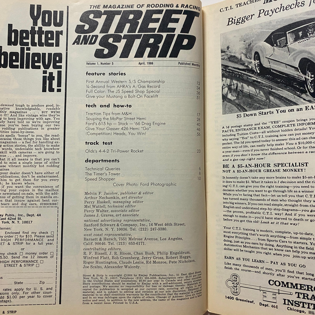 Interior page of VTG Street & Strip Magazine April 1966 displaying feature stories and technical articles, highlighting traction tips from M&H for car enthusiasts.