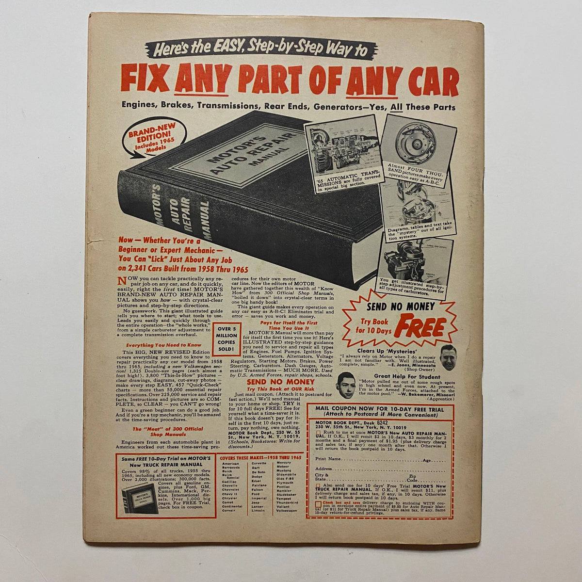 Back cover of VTG Street & Strip Magazine February 1966 displaying an advertisement for automobile repair manual services relevant to car enthusiasts.