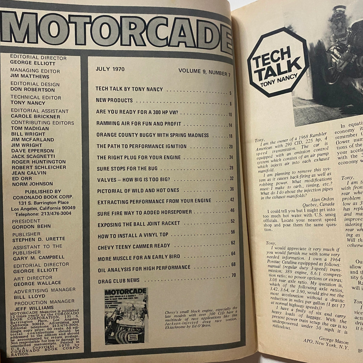 Inside page of VTG Motorcade Magazine July 1970 with the editorial section highlighting topics including ball joint maintenance, automotive performance tips, and engine care.