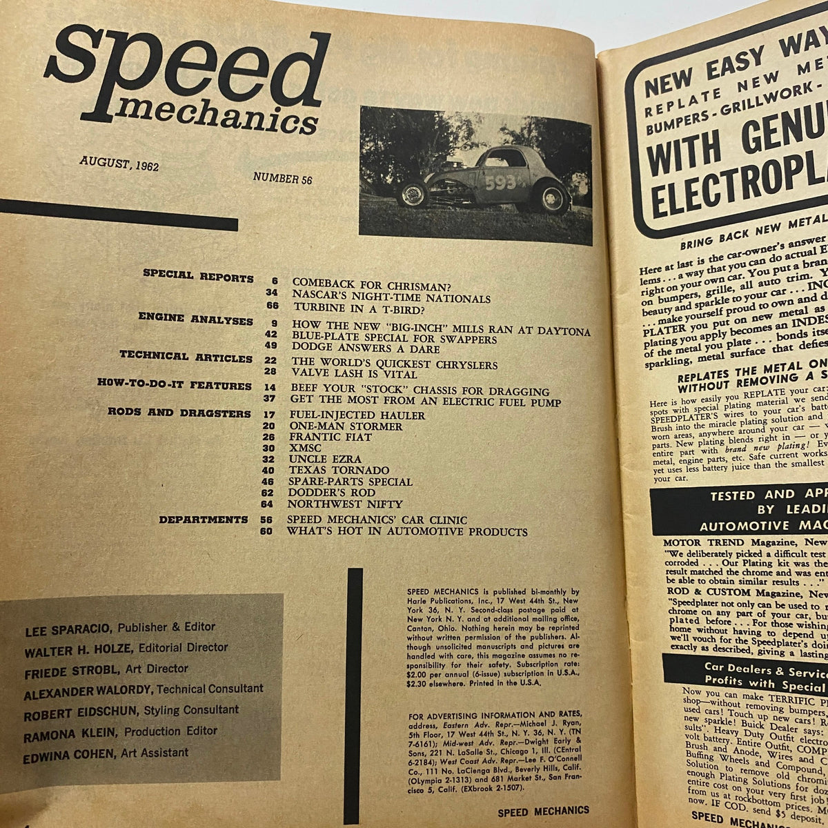 Table of contents page from Speed Mechanics Magazine August 1962 highlighting features on engines, technical articles, and special reports.