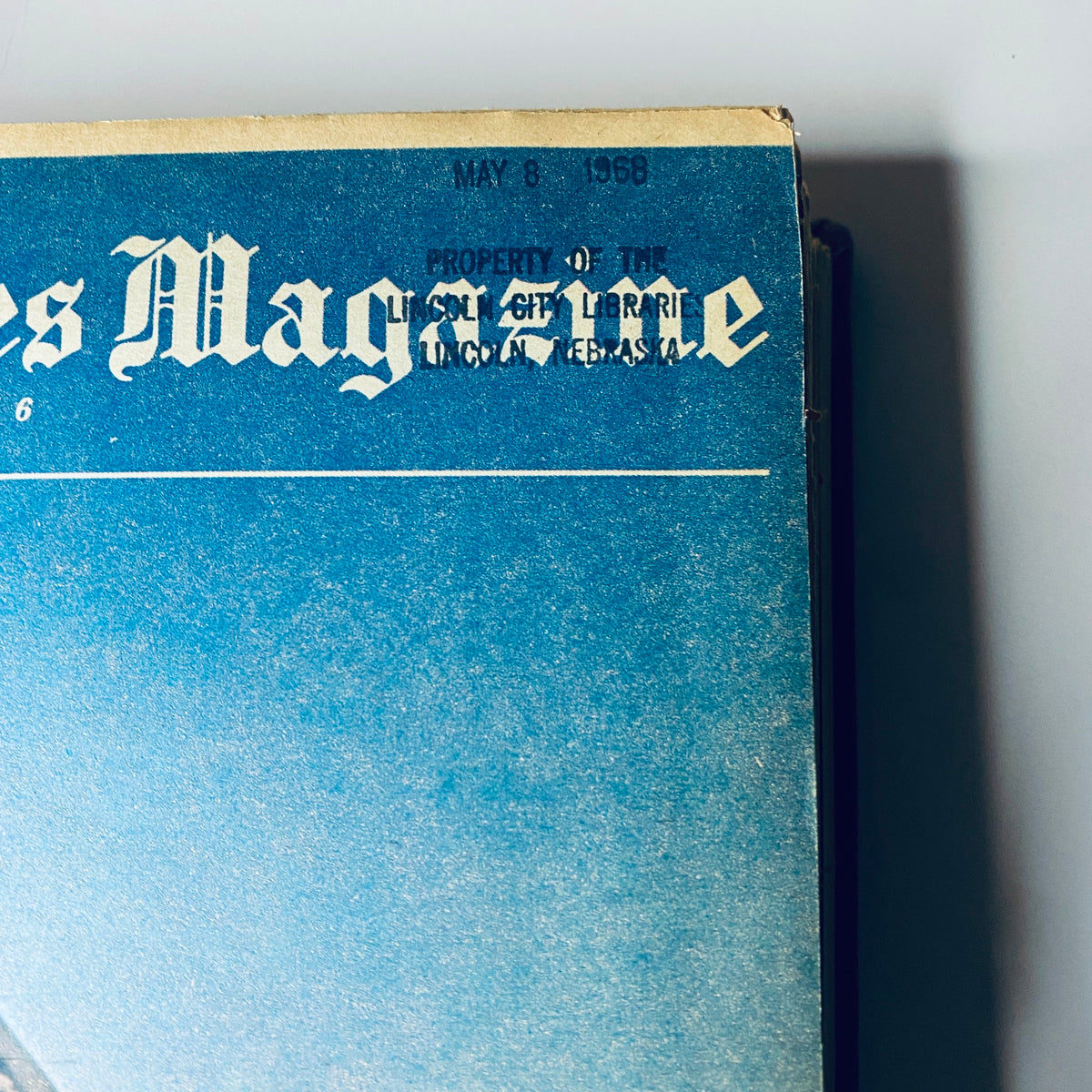 Spine of 'The New York Times Magazine, May 8, 1968', marked 'Property of the Lincoln City Libraries, Lincoln, Nebraska'.