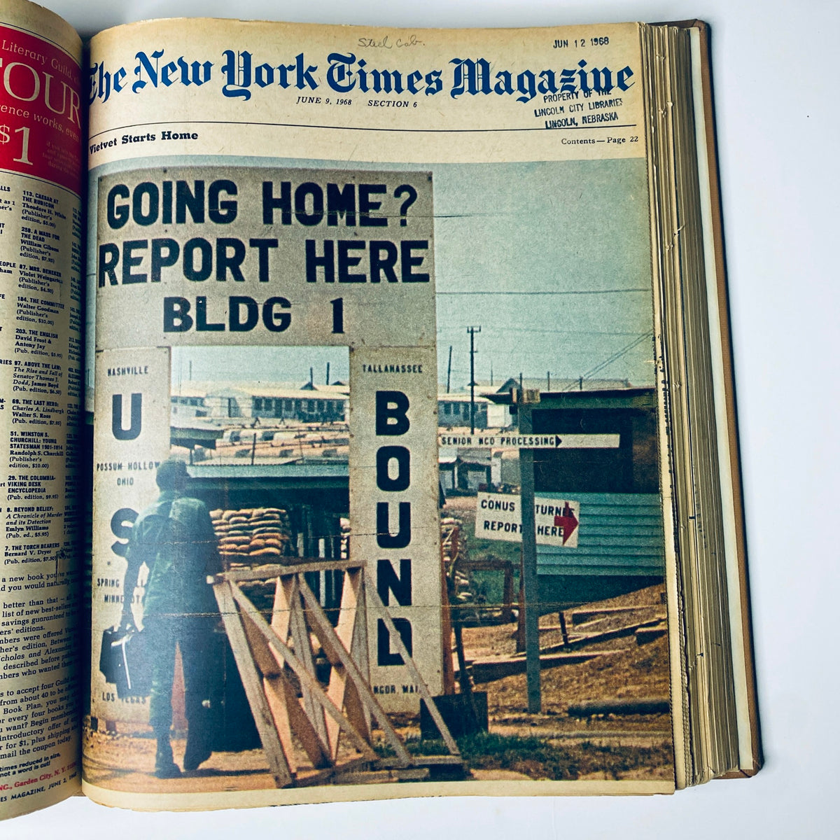 The New York Times Library Edition Bound Magazine 1968 May - June presenting the cover from June 9, 1968, featuring a sign about returning home, symbolizing themes of displacement.