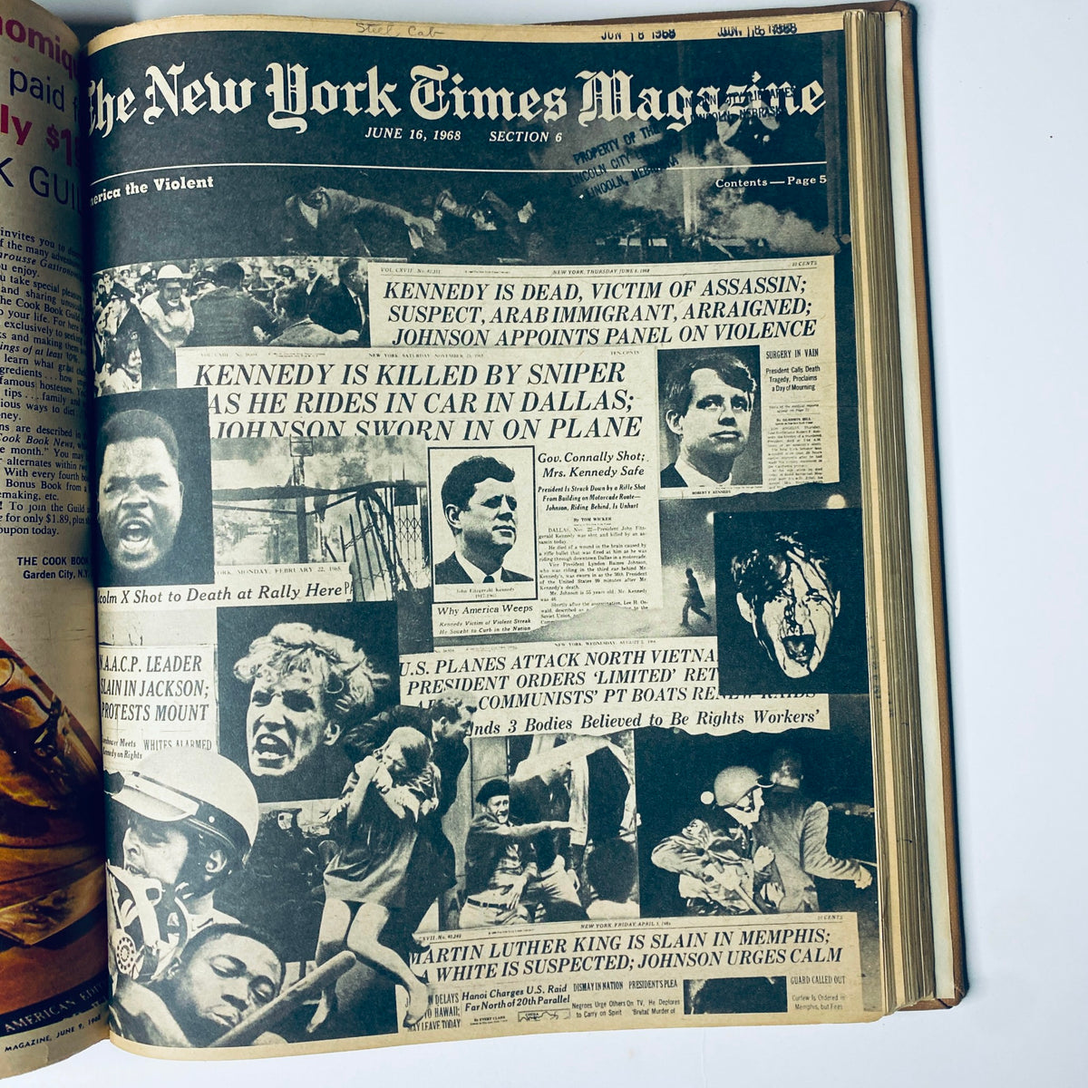 The New York Times Library Edition Bound Magazine 1968 May - June showcasing the cover from June 16, 1968, highlighting headlines about significant events including the assassination of Robert F. Kennedy.